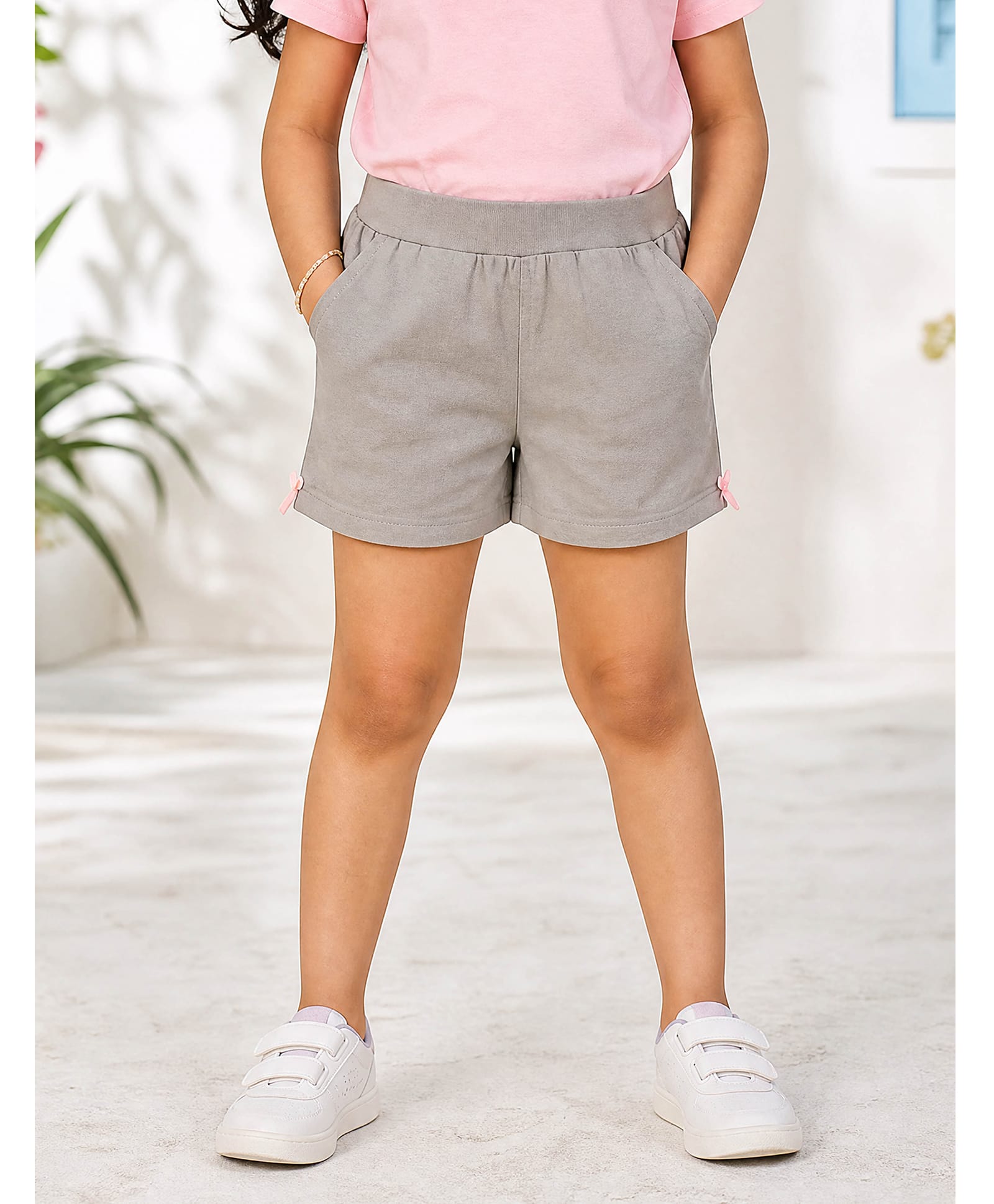 Kiddopanti Cotton Knit Bow Applique Detailed Shorts - Grey-picture-28
