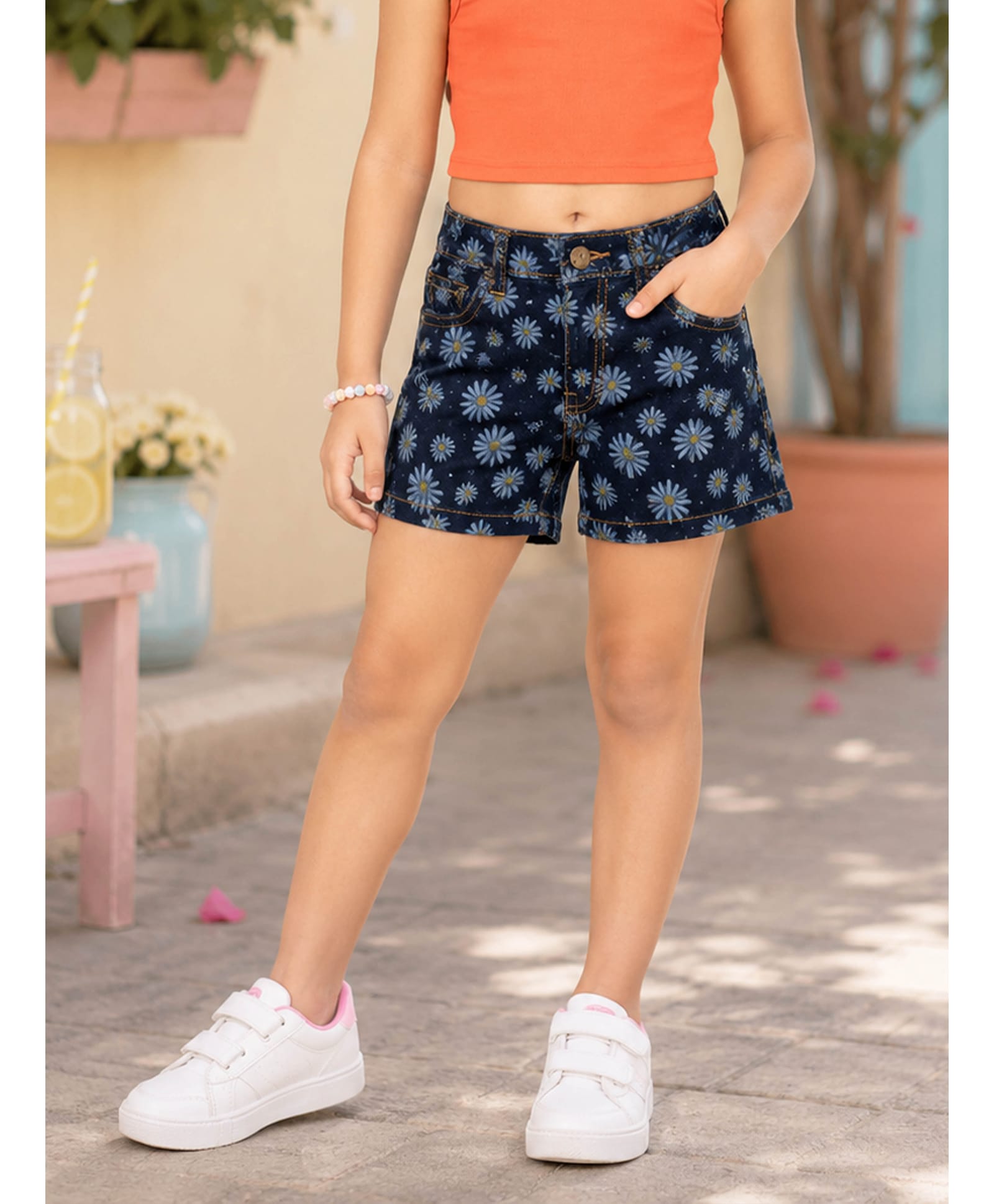 Kiddopanti Denim Woven Floral Printed Shorts - Dark Wash Blue-picture-30