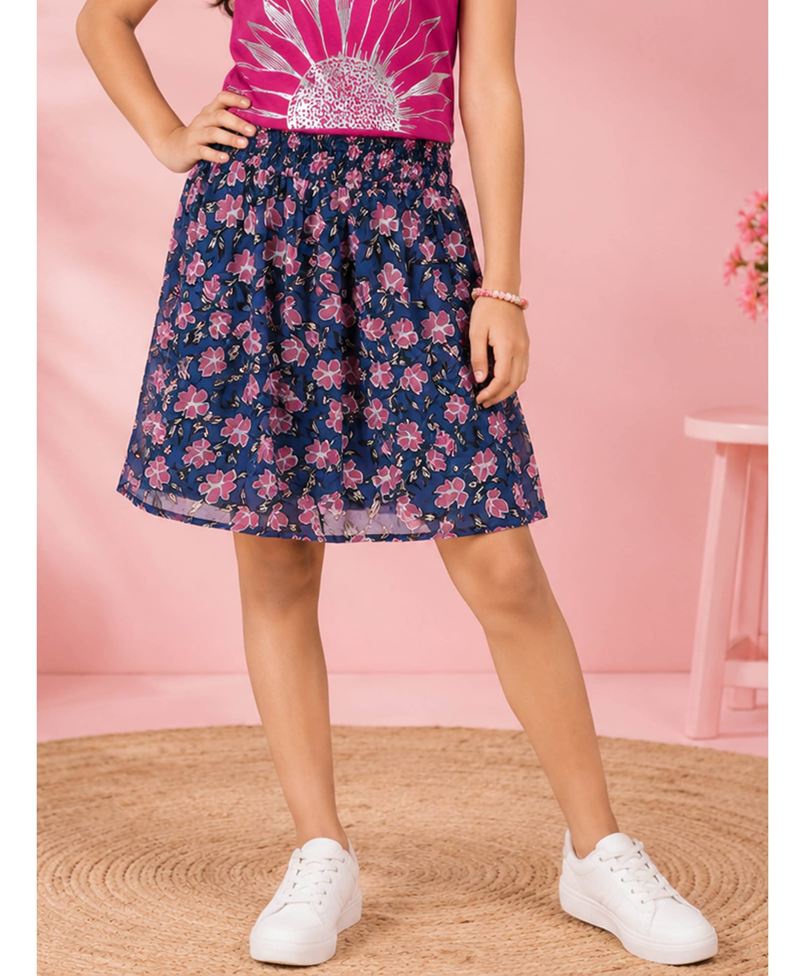 Kiddopanti Georgette Knit Floral Printed Skirt - Navy Blue-picture-13