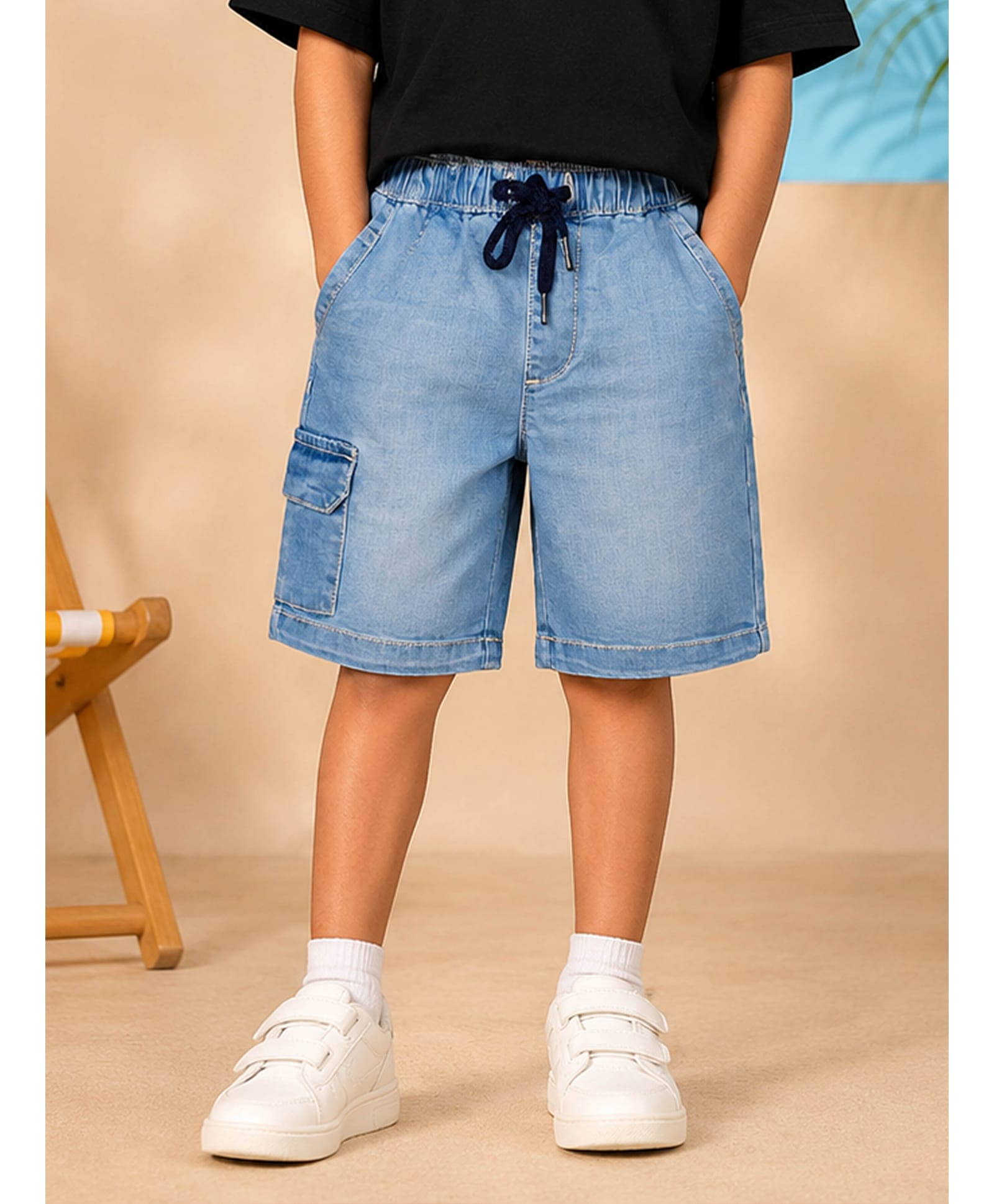 Kiddopanti Denim Woven Washed Cargo Shorts - Light Blue-image-15