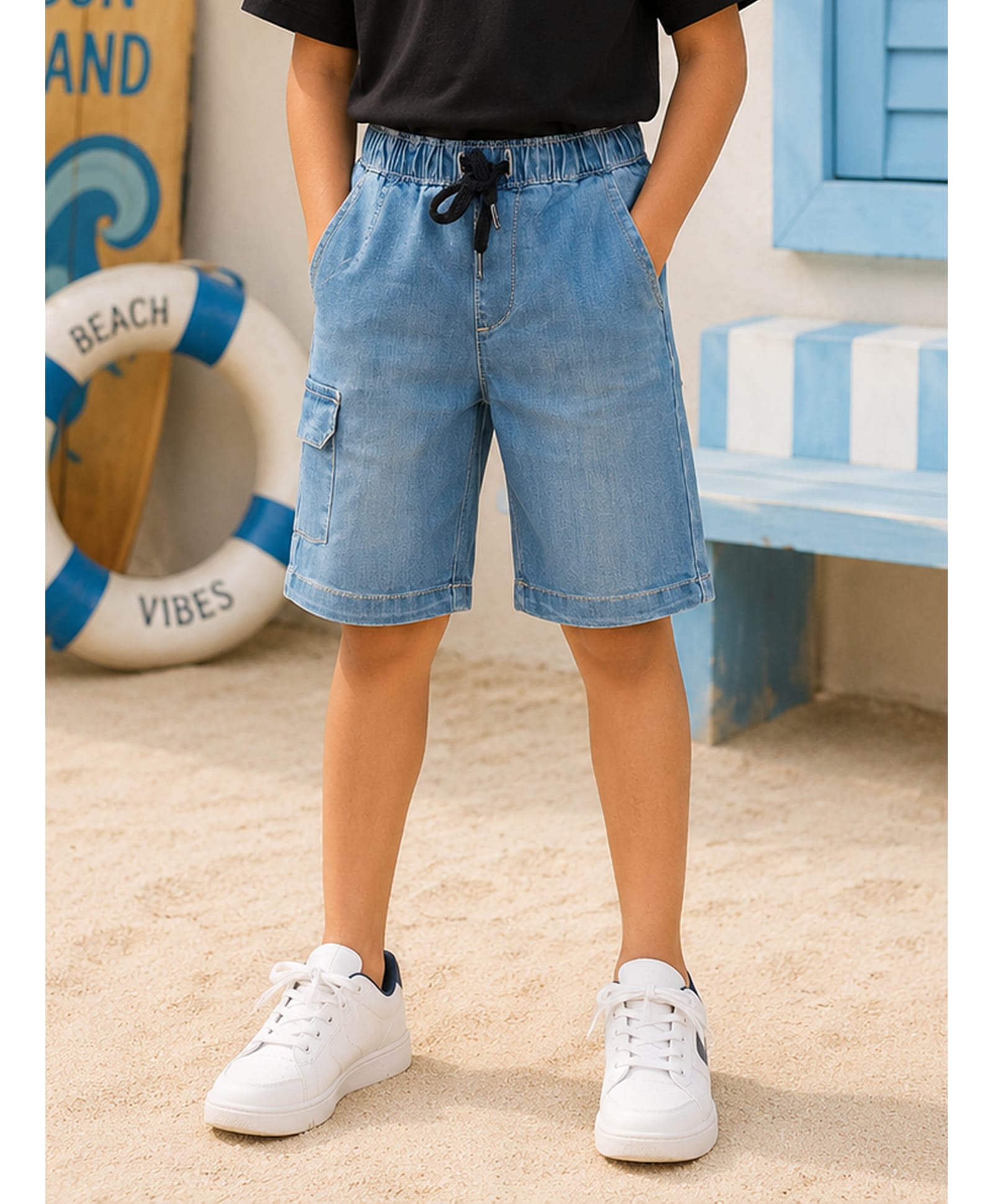 Kiddopanti Denim Woven Washed Cargo Shorts - Blue-picture-30