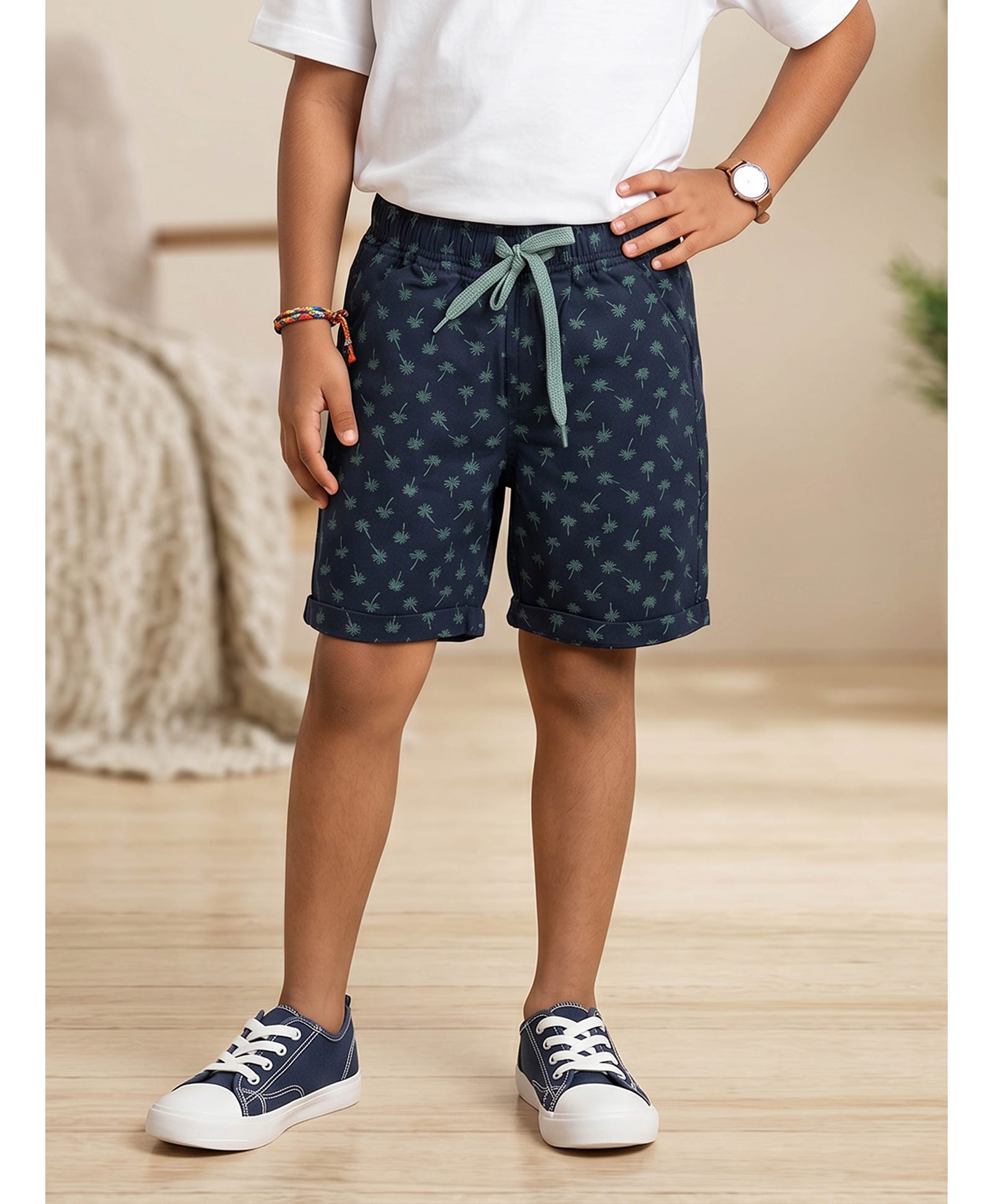 Kiddopanti Cotton Woven Palm Trees Printed Shorts - Navy Blue-picture-14