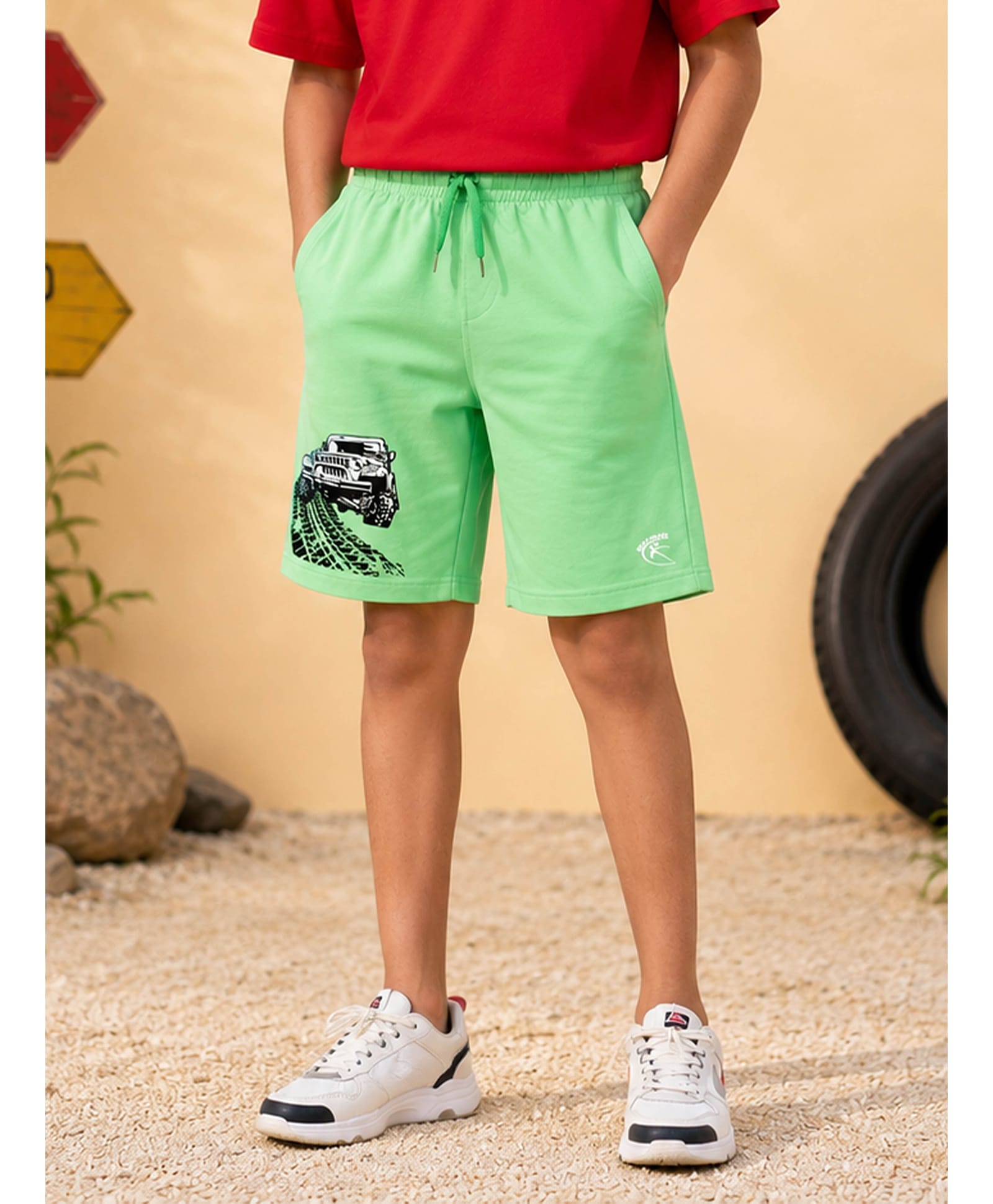 Kiddopanti Cotton Knit Jeep Printed Shorts - Green-picture-20