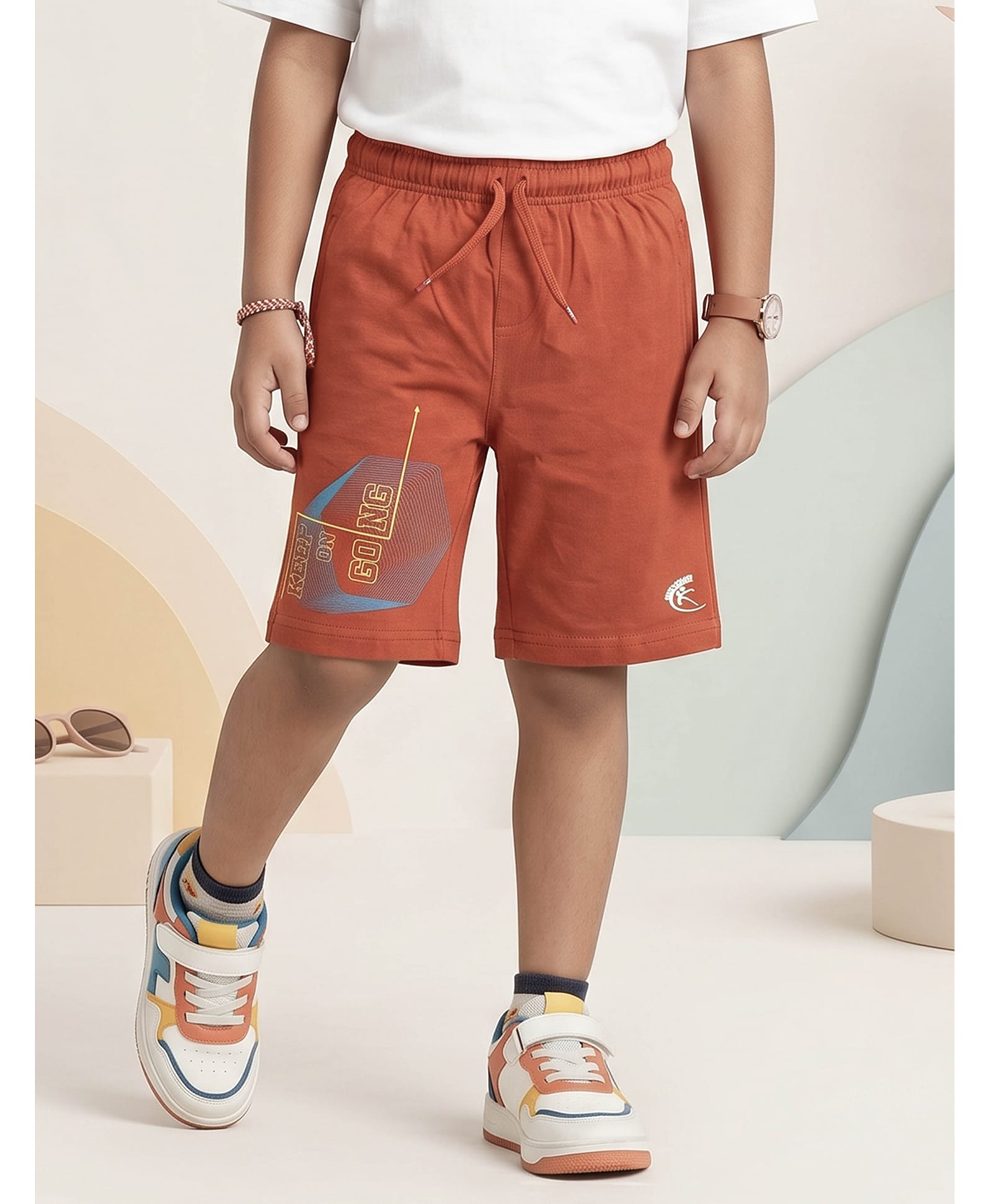 Kiddopanti Cotton Knit Keep On Going Text Printed Shorts - Brown-picture-12