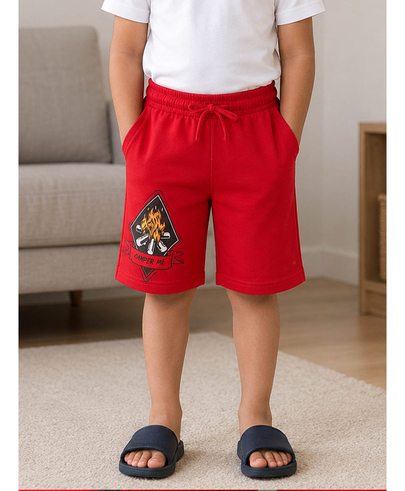Kiddopanti Cotton Knit Camper Me Text Printed Shorts - Red-picture-17