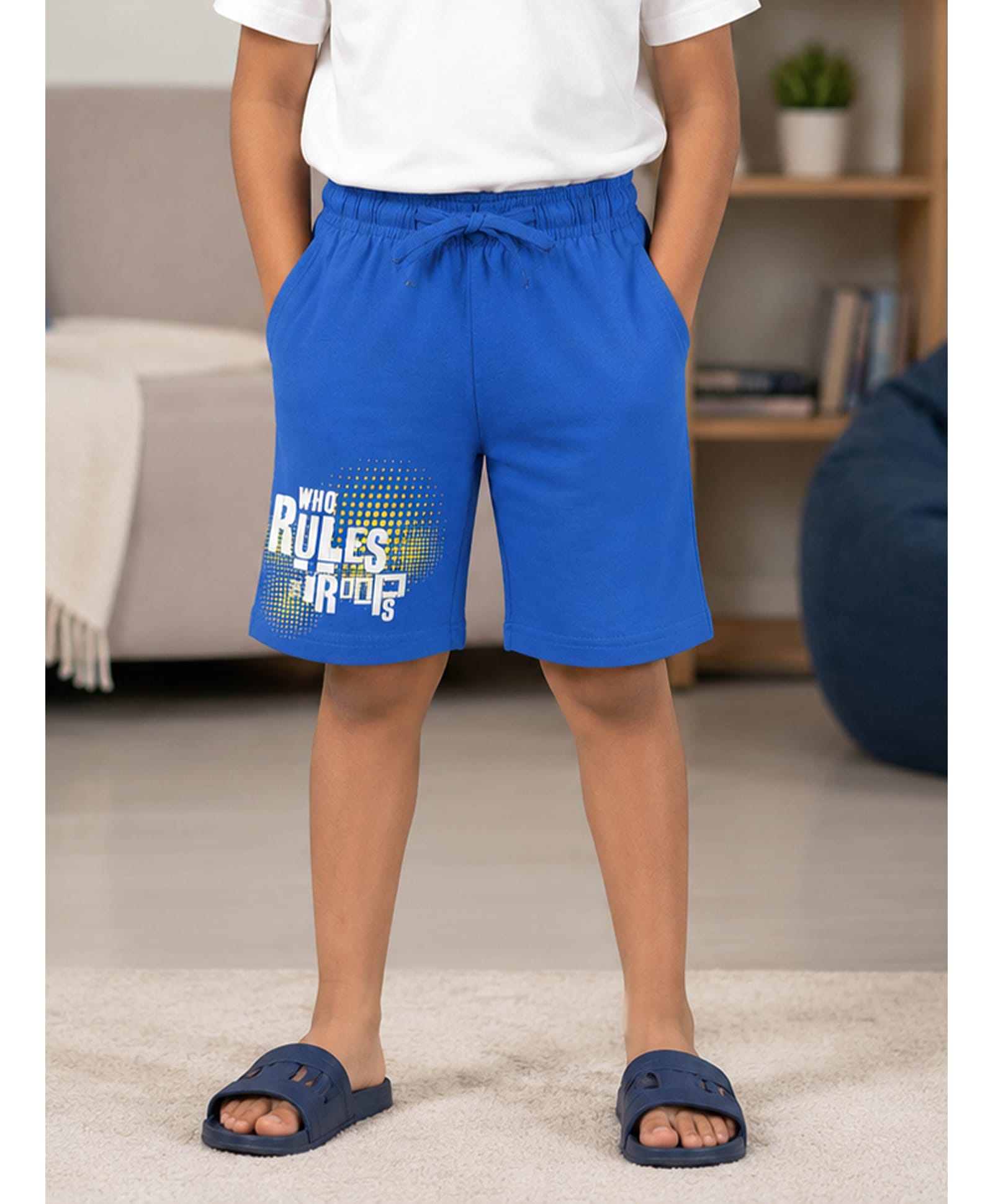Kiddopanti Cotton Knit Typography Printed Shorts - Royal Blue-image-15