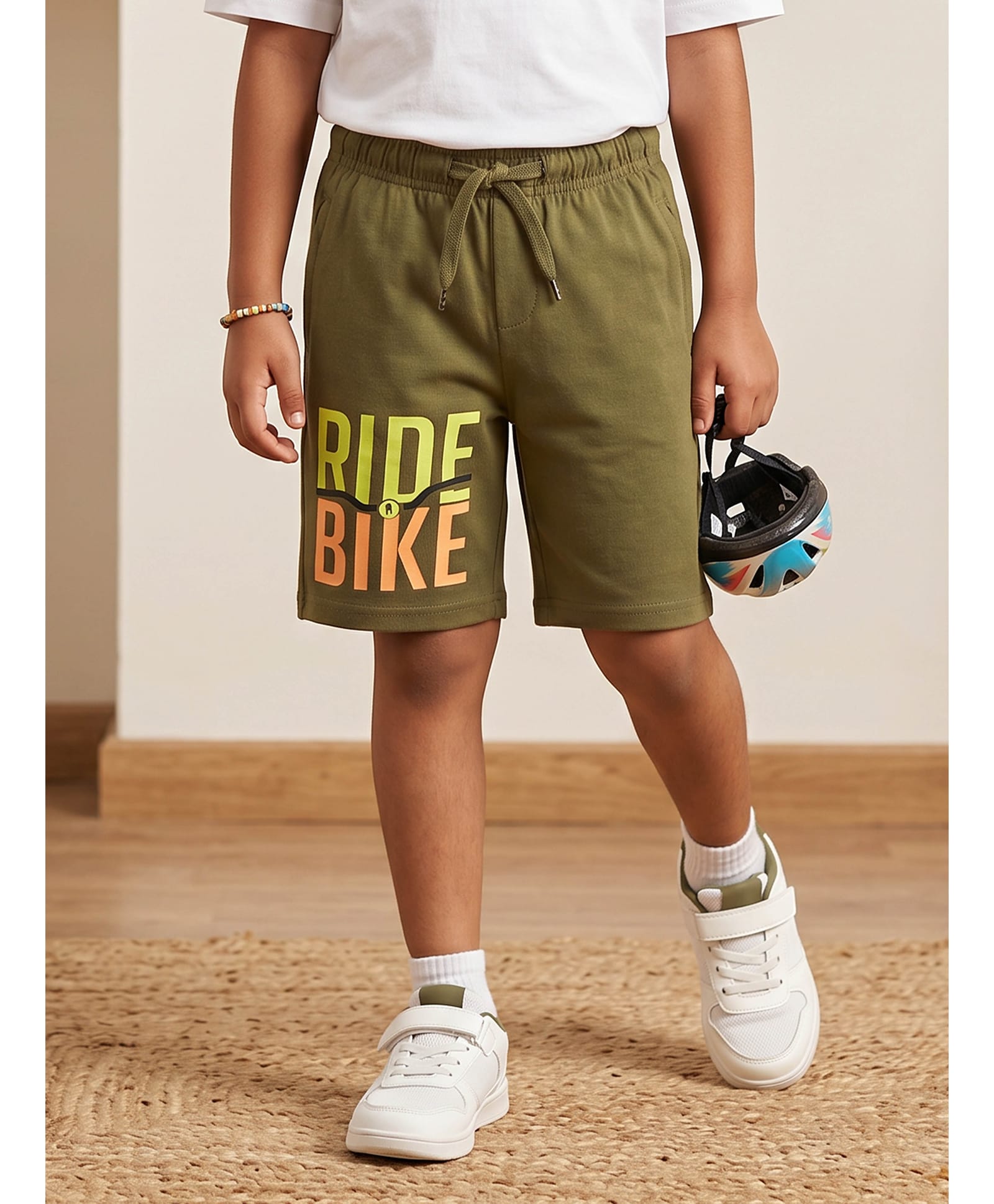 Kiddopanti Cotton Knit Ride Bike Text Printed Shorts - Military Green-picture-24