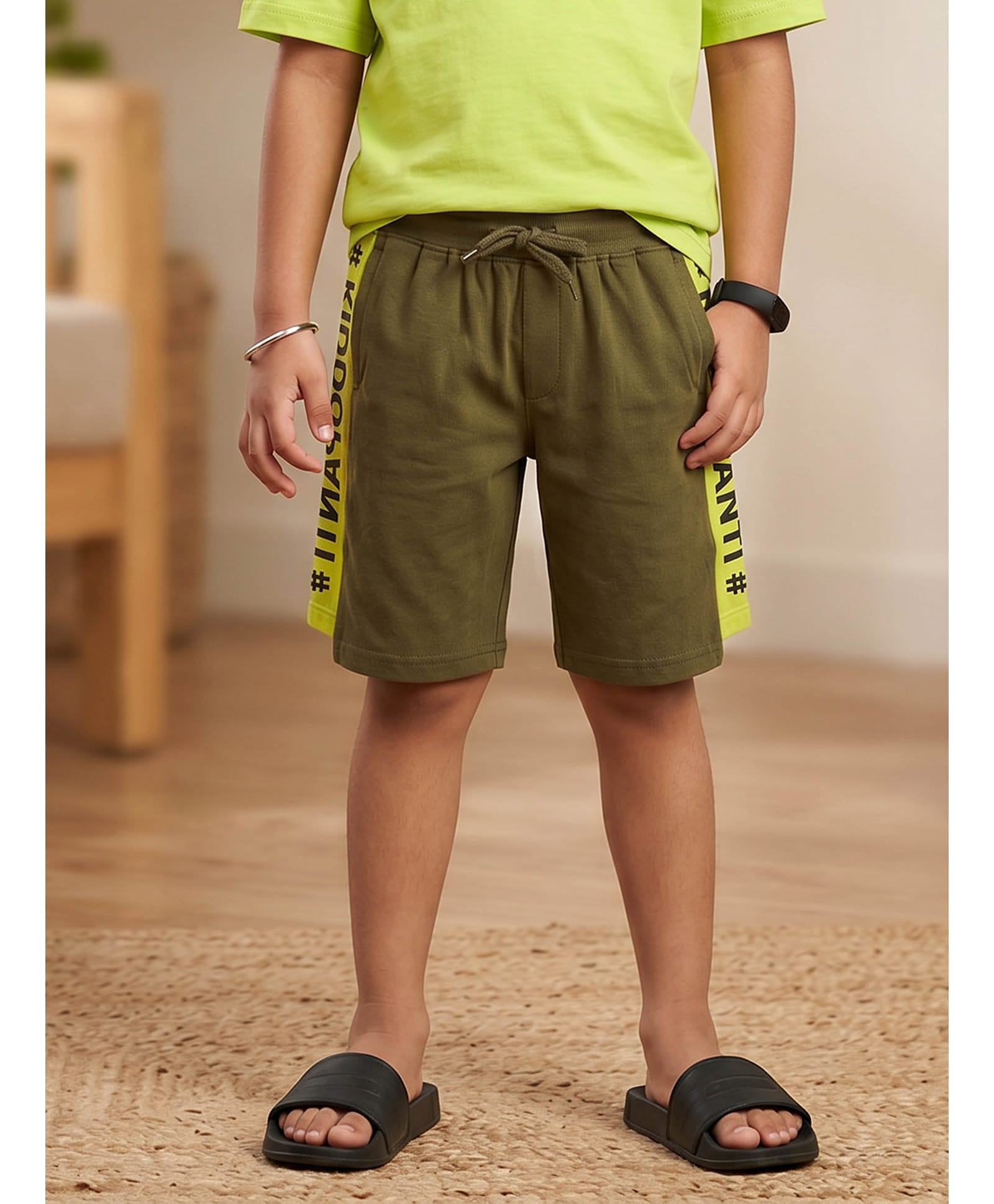 Kiddopanti Cotton Knit Typography Printed Shorts - Military Green-picture-17