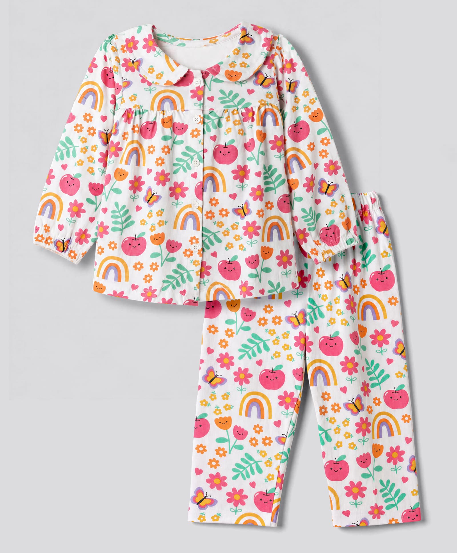 Babyhug Cotton Knit Full Sleeves Co-Ords Top & Pyjama Night Suit with Rainbow Floral & Butterfly Print - Dark Pink-image-30