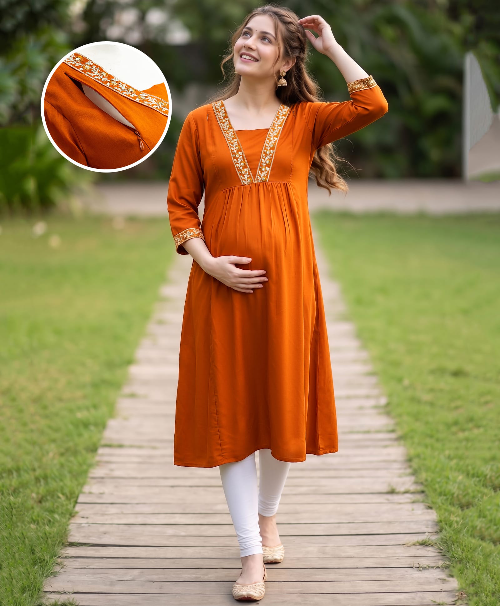 Bella Mama Woven Three Fourth Sleeves Maternity Solid Kurta With Highlighted Neck - Rust Orange-image-40