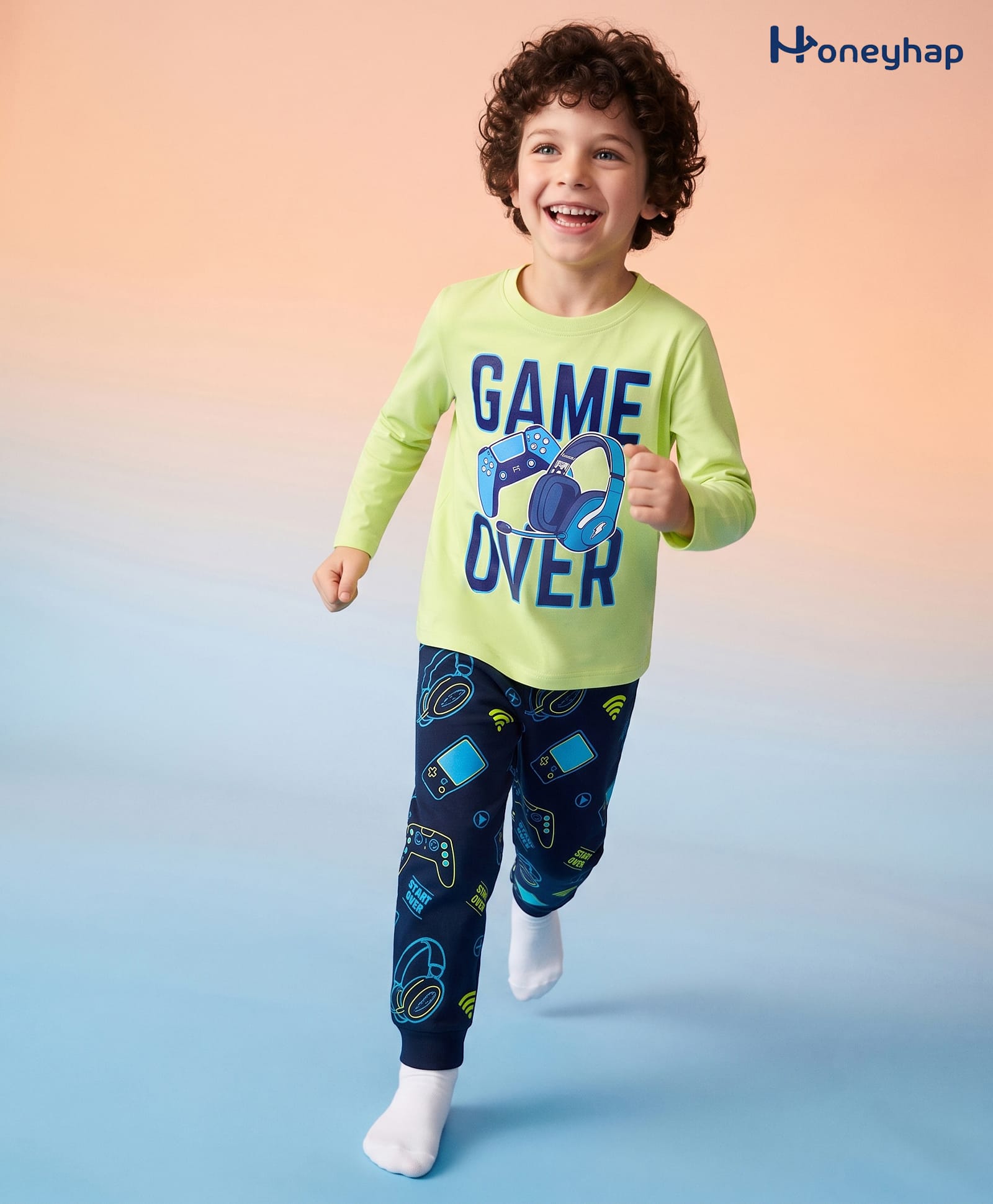Honeyhap Premium 100% Cotton Knit Bio Finish Full Sleeves T-Shirt & Pyjama Night Suit With Text & Video Game Print - Navy Blue & Lime Green-image-15