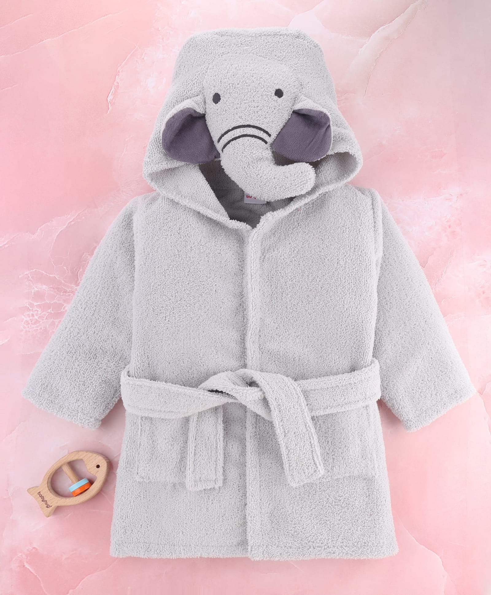 Babyhug Velour Microfiber Knit Full Sleeves Hooded Bath Robe With Elephant Embroidery & Ear Applique - Grey-image-12