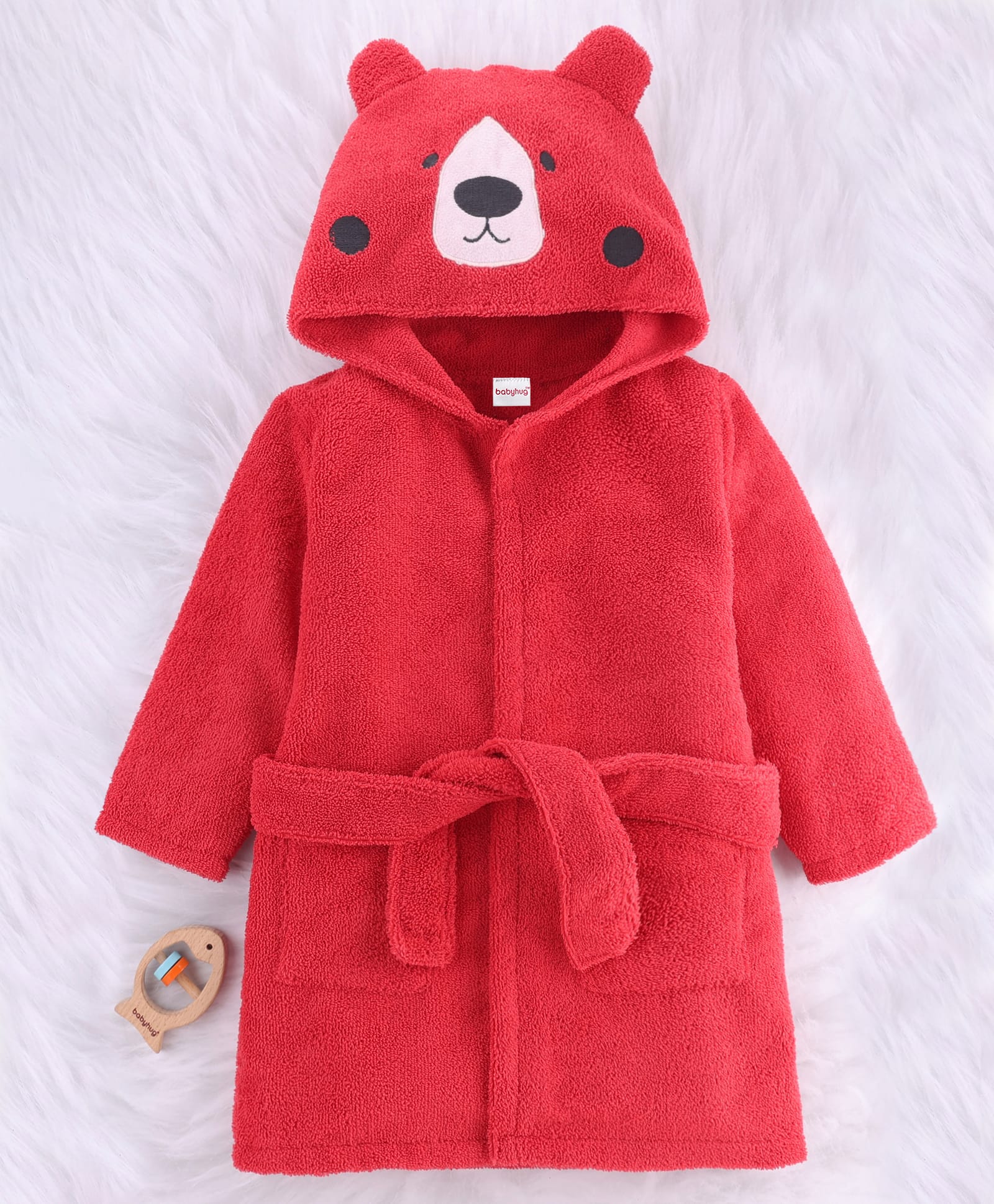 Babyhug Velour Microfiber Knit Full Sleeves Hooded Bath Robe With Bear Embroidery & Ear Applique - Red-picture-27
