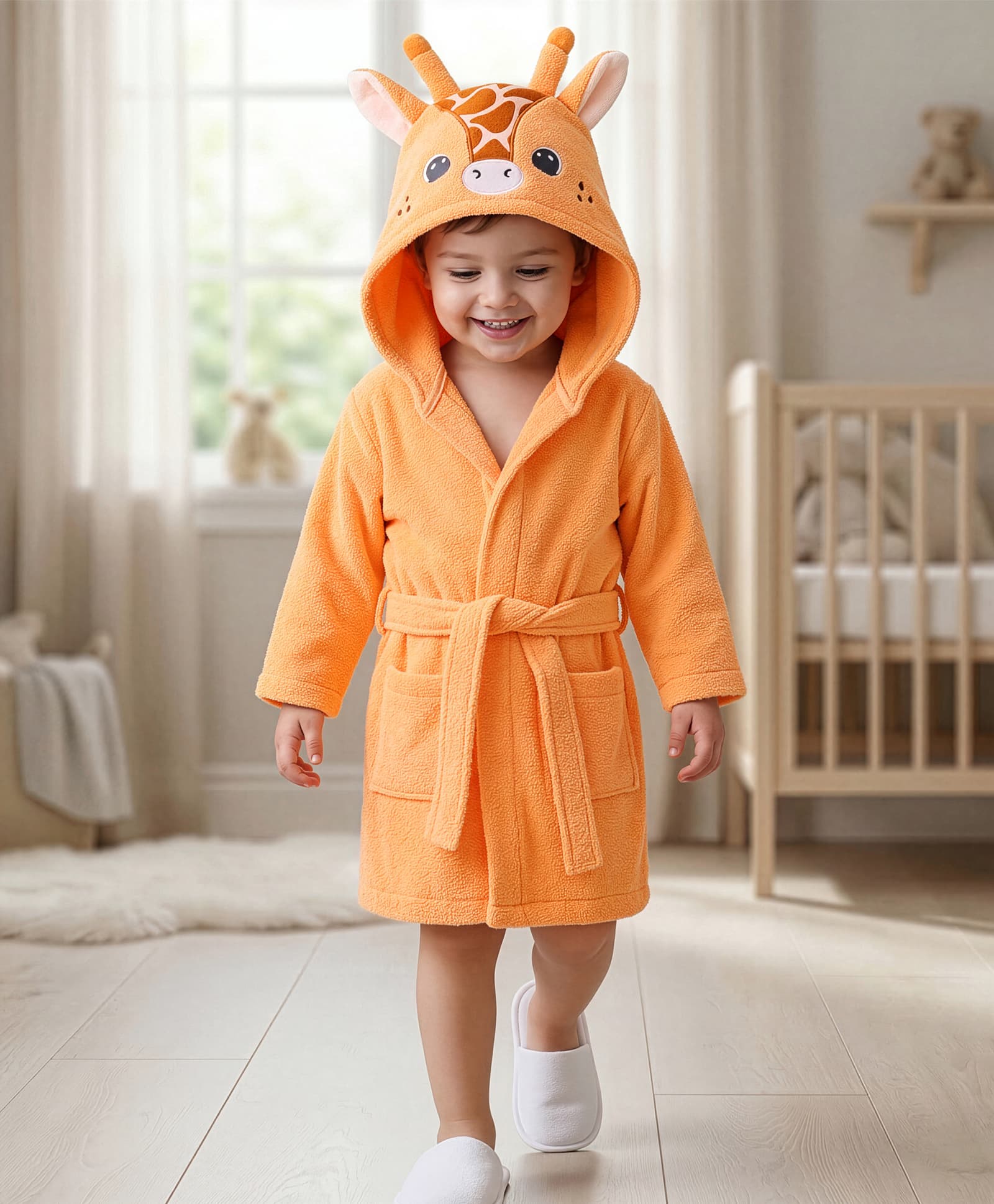 Babyhug Velour Microfiber Knit Full Sleeves Hooded Bath Robe With Giraffe Embroidery & Ear Applique - Orange-image-39
