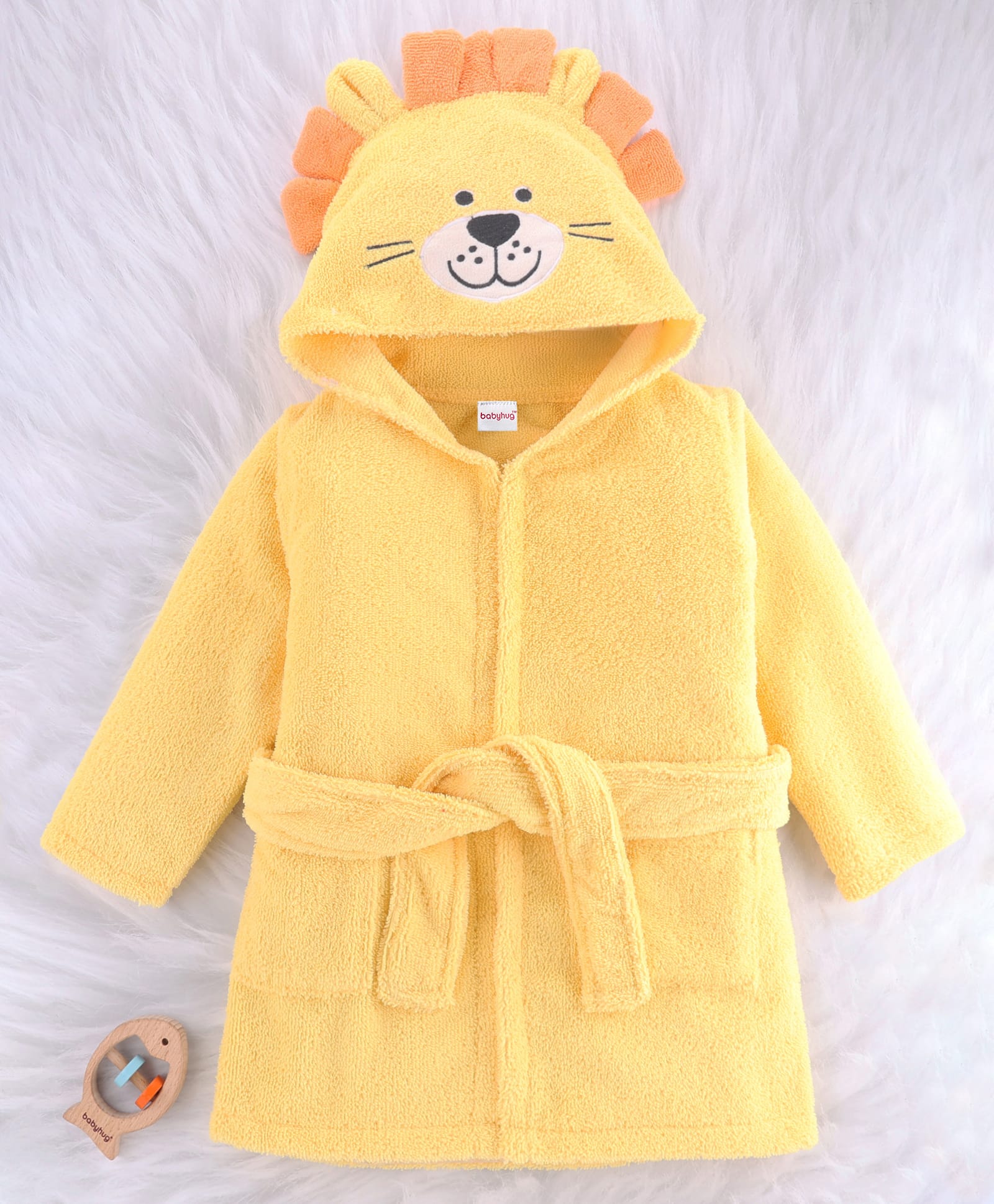 Babyhug Velour Microfiber Knit Full Sleeves Hooded Bath Robe With Tiger Embroidery & Ear Applique - Yellow-image-29