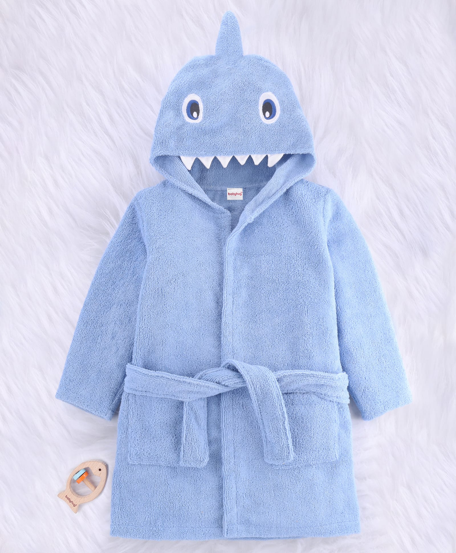 Babyhug Velour Microfiber Knit Full Sleeves Hooded Bath Robe With Shark Embroidery & Ear Applique - Light Blue-image-45