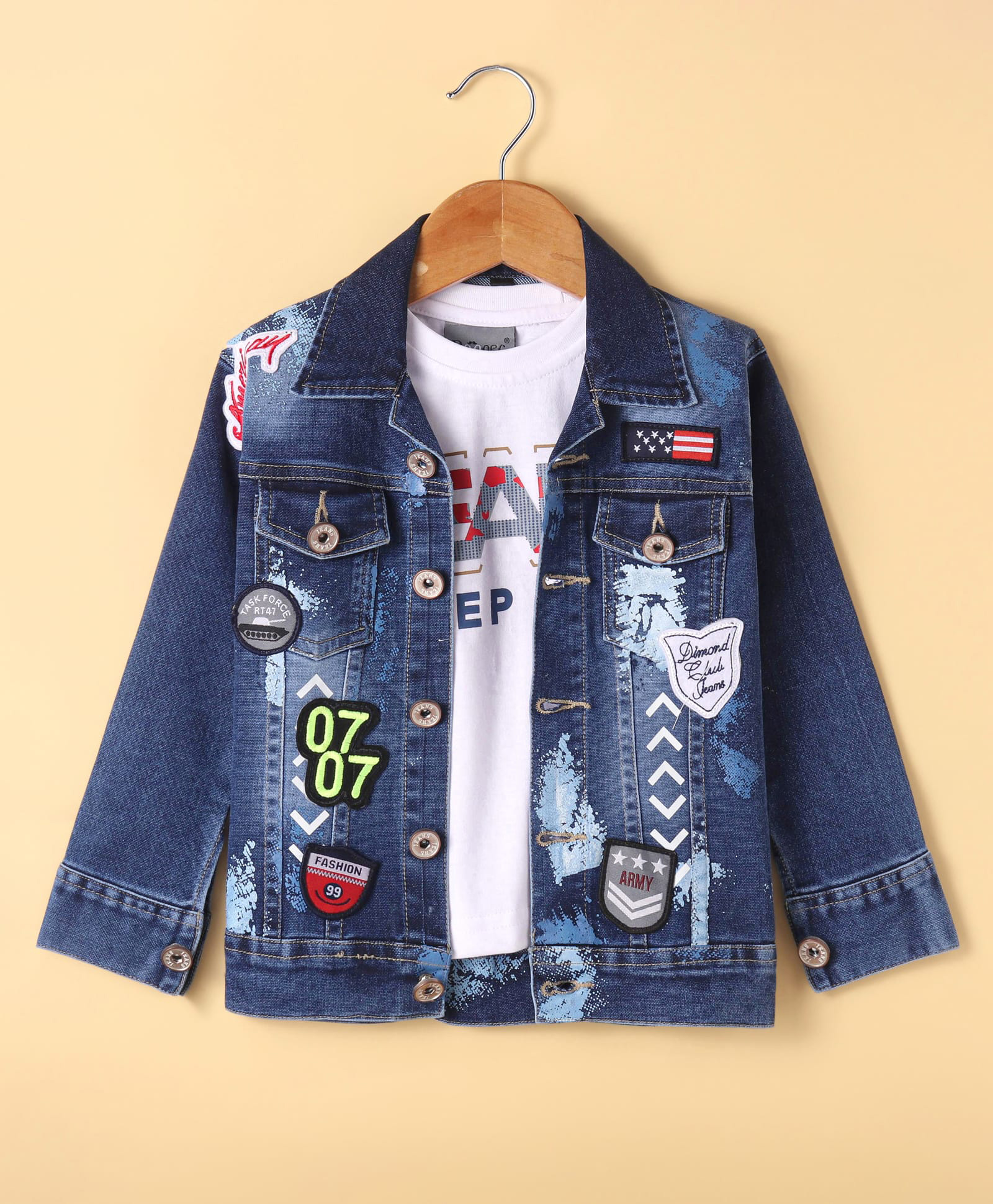 Dapper Dudes Cotton Denim Jacket and T-Shirt with Full Sleeves and Badge Applique Print in Blue for 10-11 Years-image-2