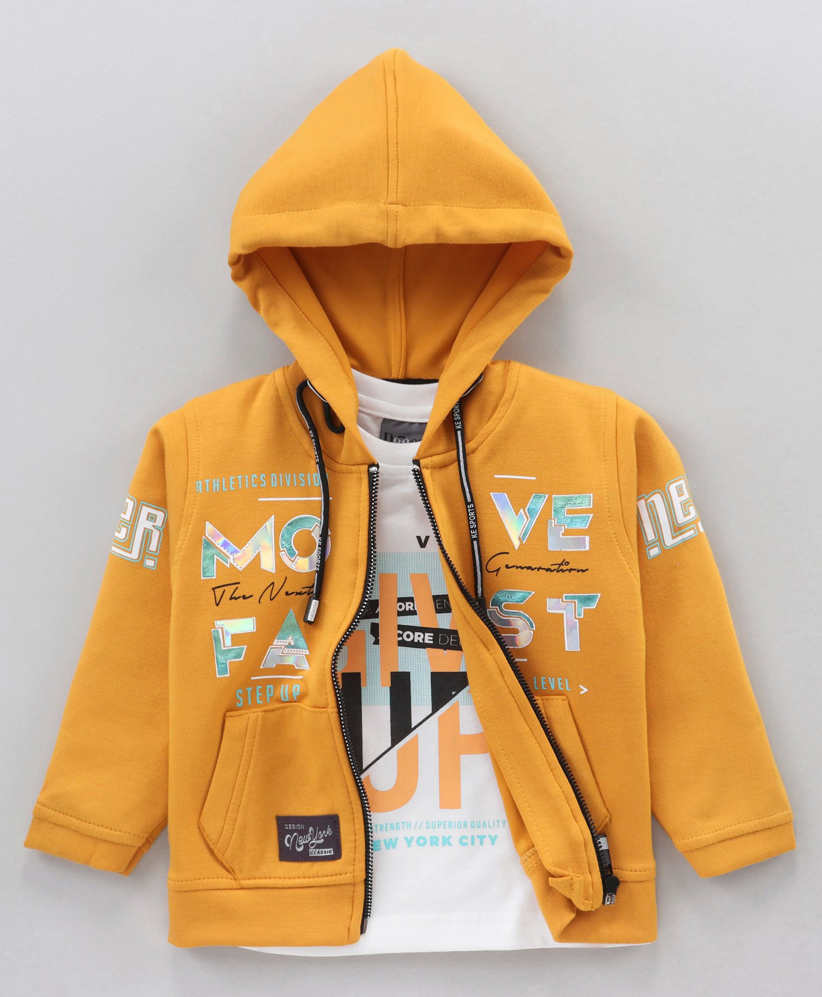 Dapper Dudes Woven Full Sleeves Hooded Jacket & T-Shirt with Move Fast Print - Golden-picture-20