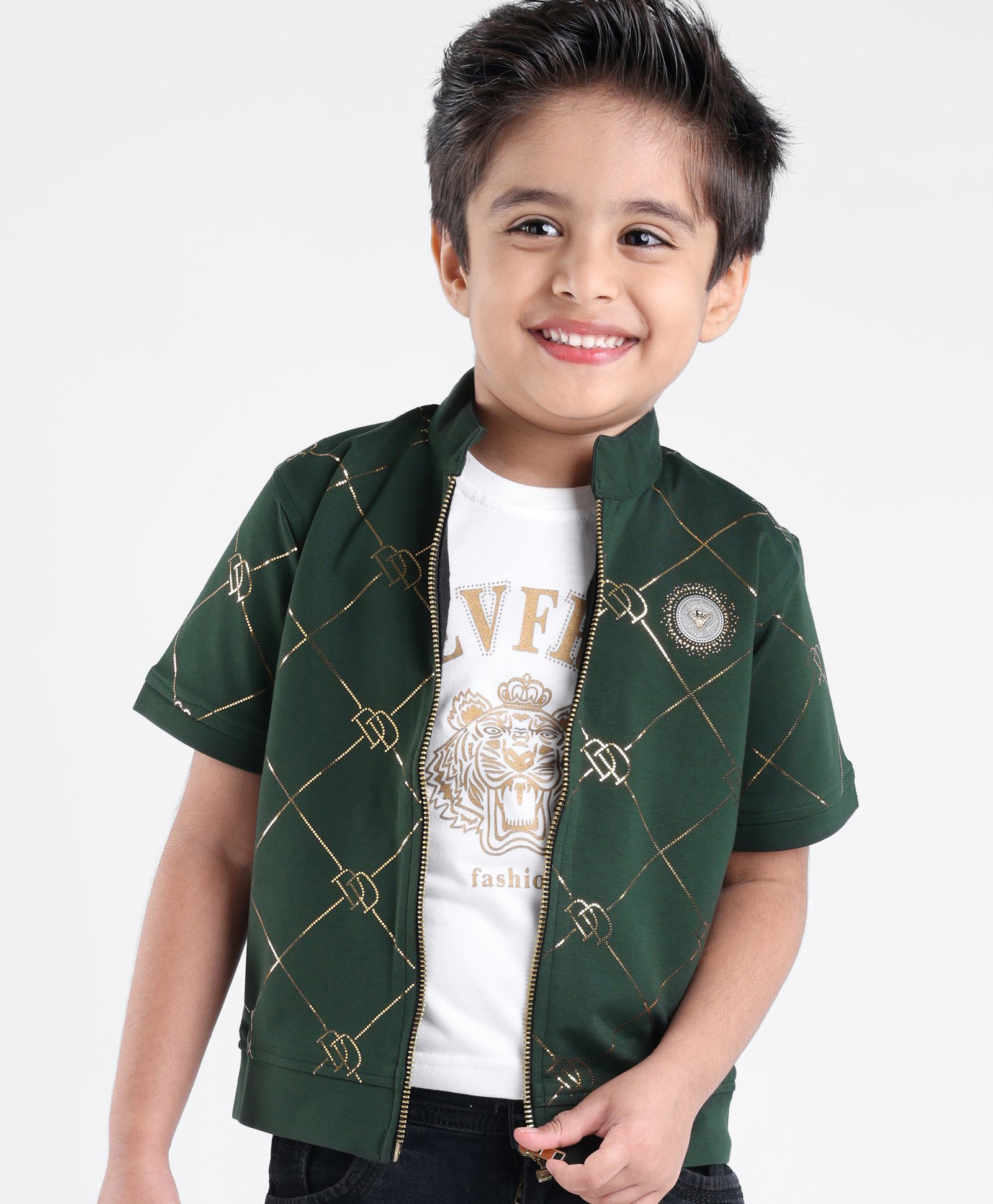 Dapper Dudes Half Sleeves Knit to Woven Foil Embossed Jacket With Text & Tiger Printed T-Shirt - Green-picture-12