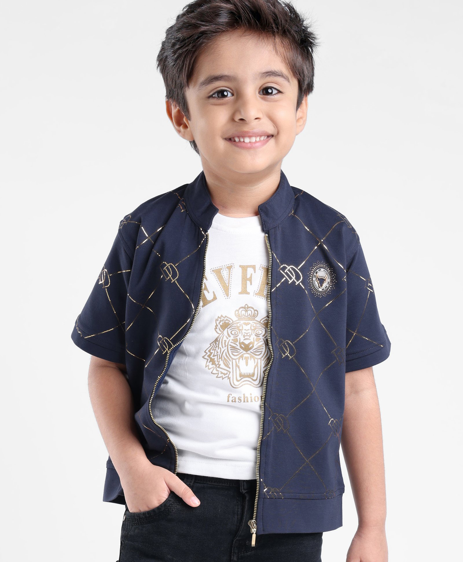 Dapper Dudes Half Sleeves Knit to Woven Foil Embossed Jacket With Text & Tiger Printed T-Shirt - Navy-picture-22