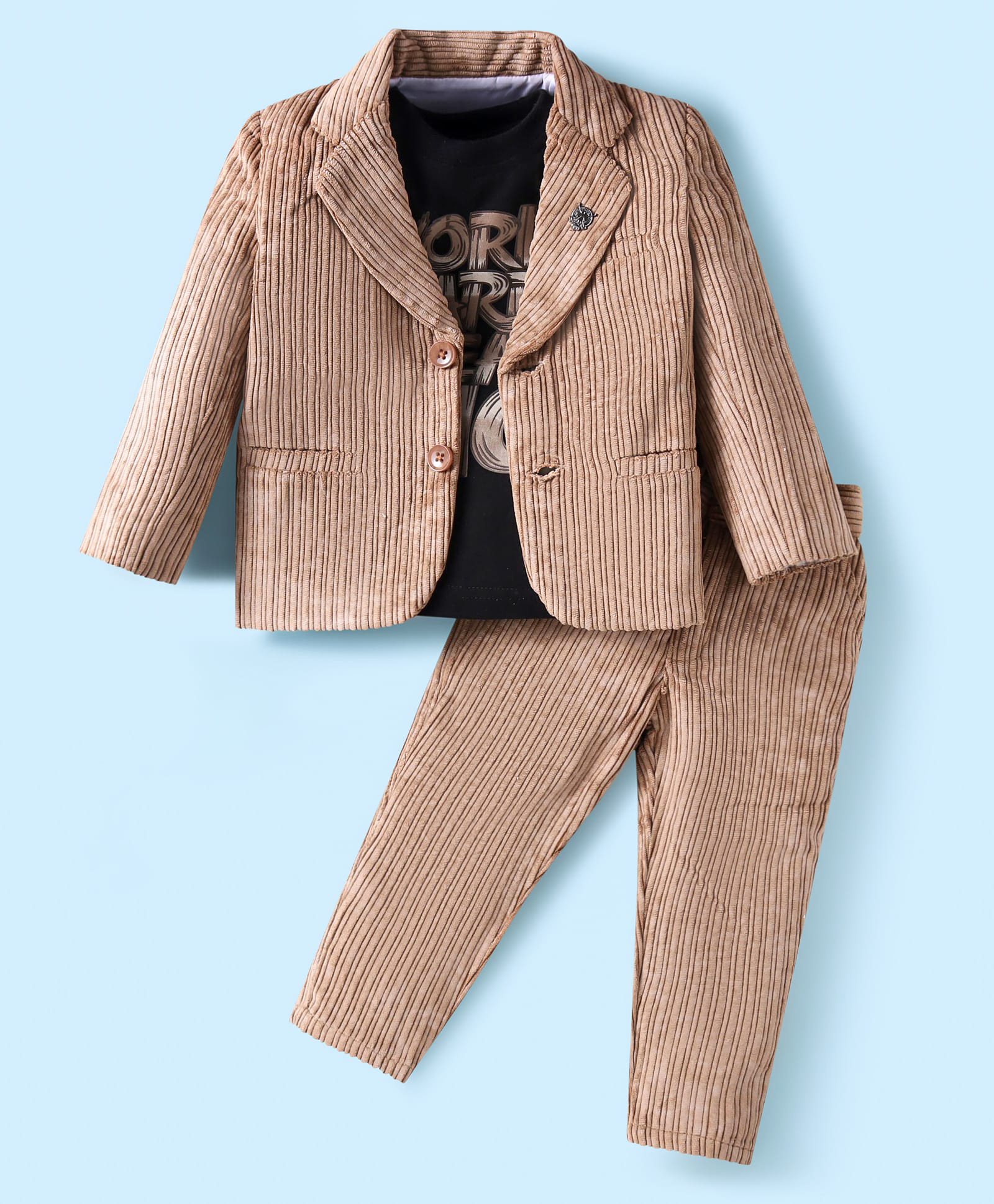 Dapper Dudes Woven Full Sleeves Striped Blazer With Text Printed T-Shirt & Pant Set - Brown-image-28
