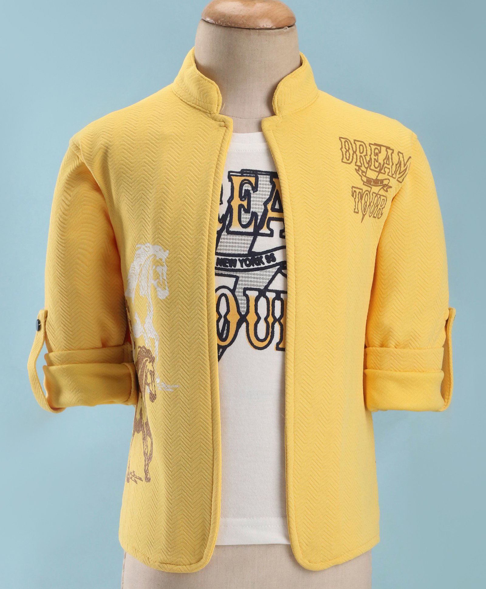 Dapper Dudes Woven Full Sleeves Horse Printed Jacket With Text Printed T-Shirt - Lemon-picture-25