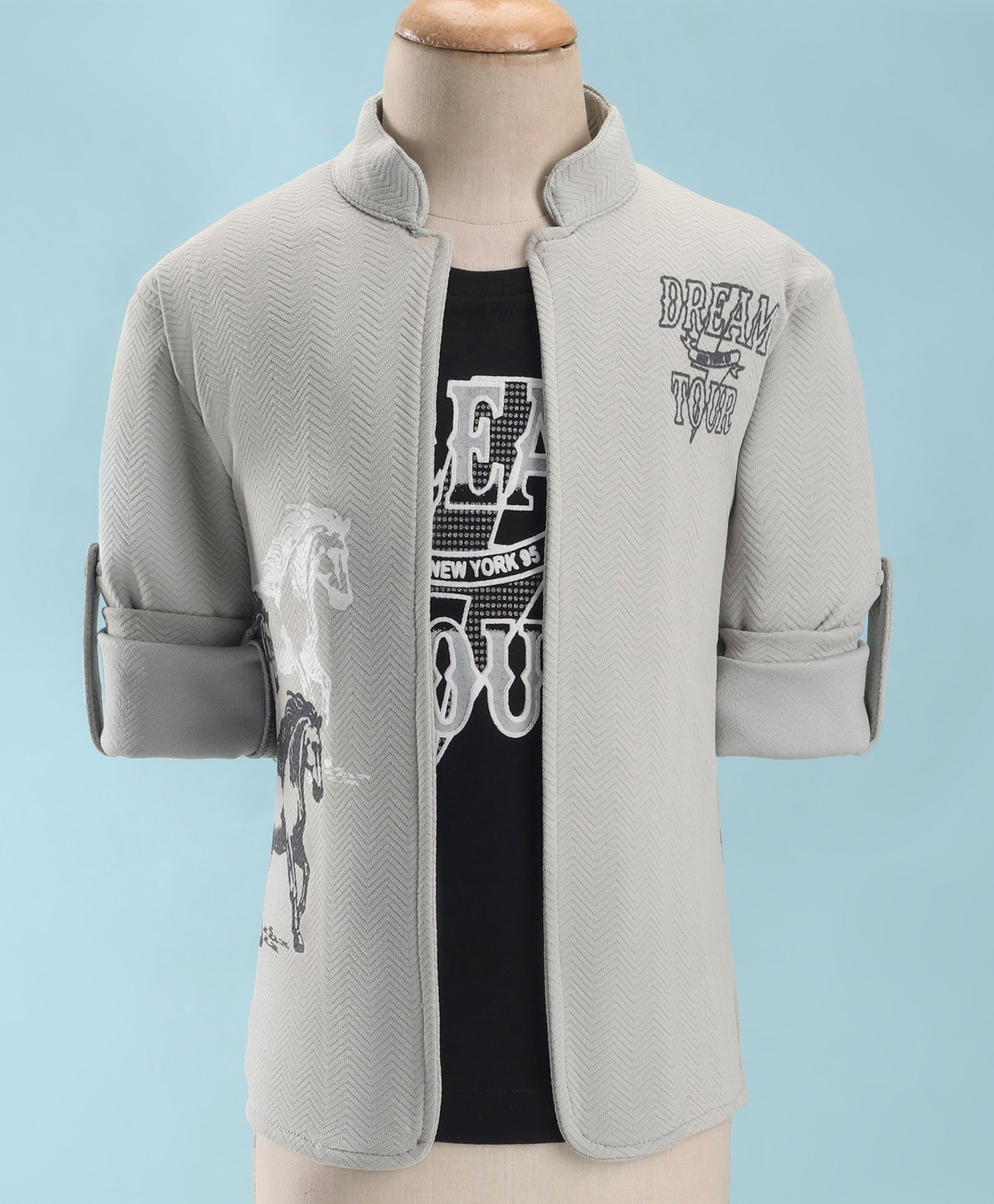 Dapper Dudes Woven Full Sleeves Horse Printed Jacket With Text Printed T-Shirt - Grey-image-2