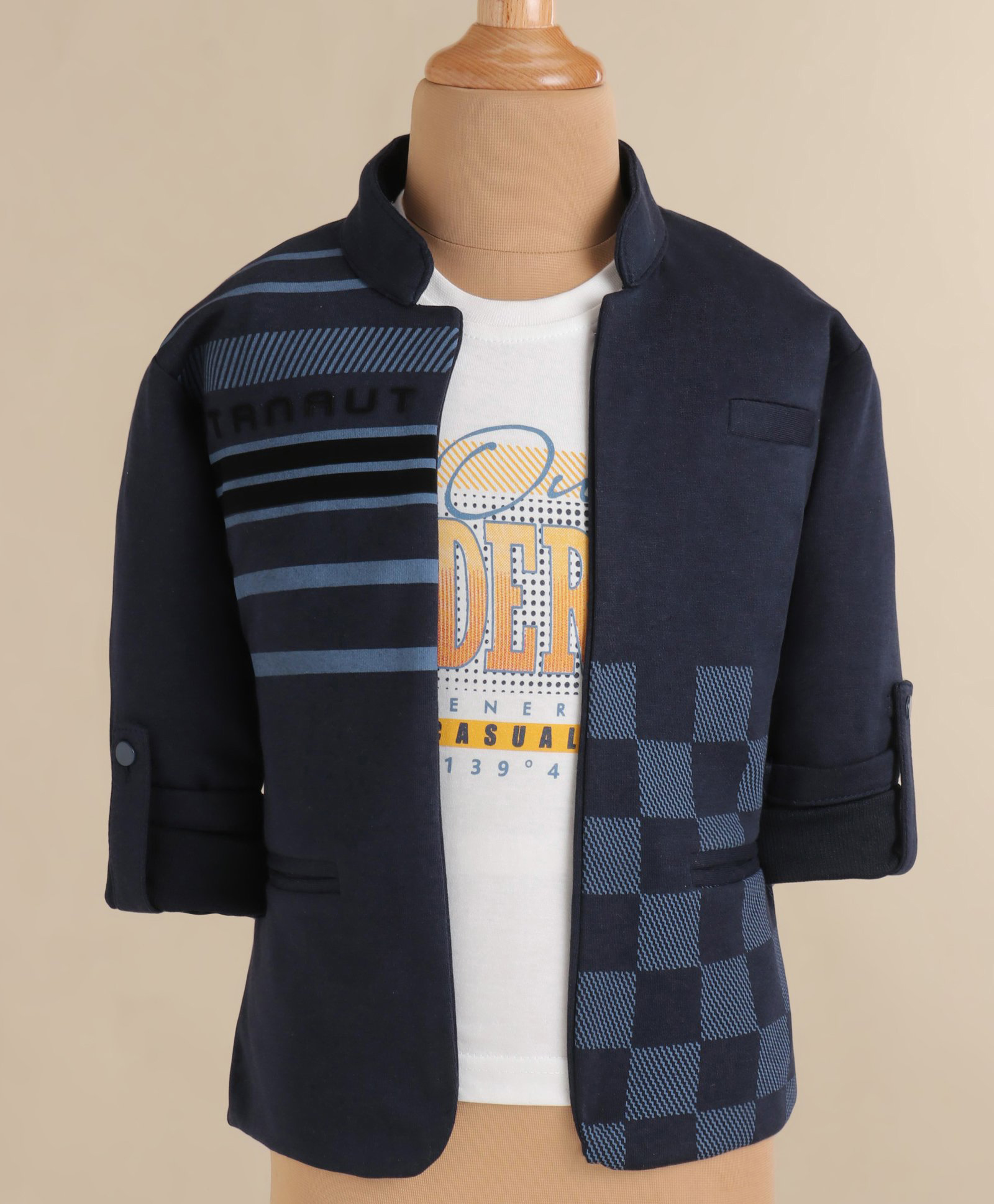 Dapper Dudes Knit to Woven Full Sleeves Checkered Jacket With Text Printed T-Shirt - Navy & White-image-48