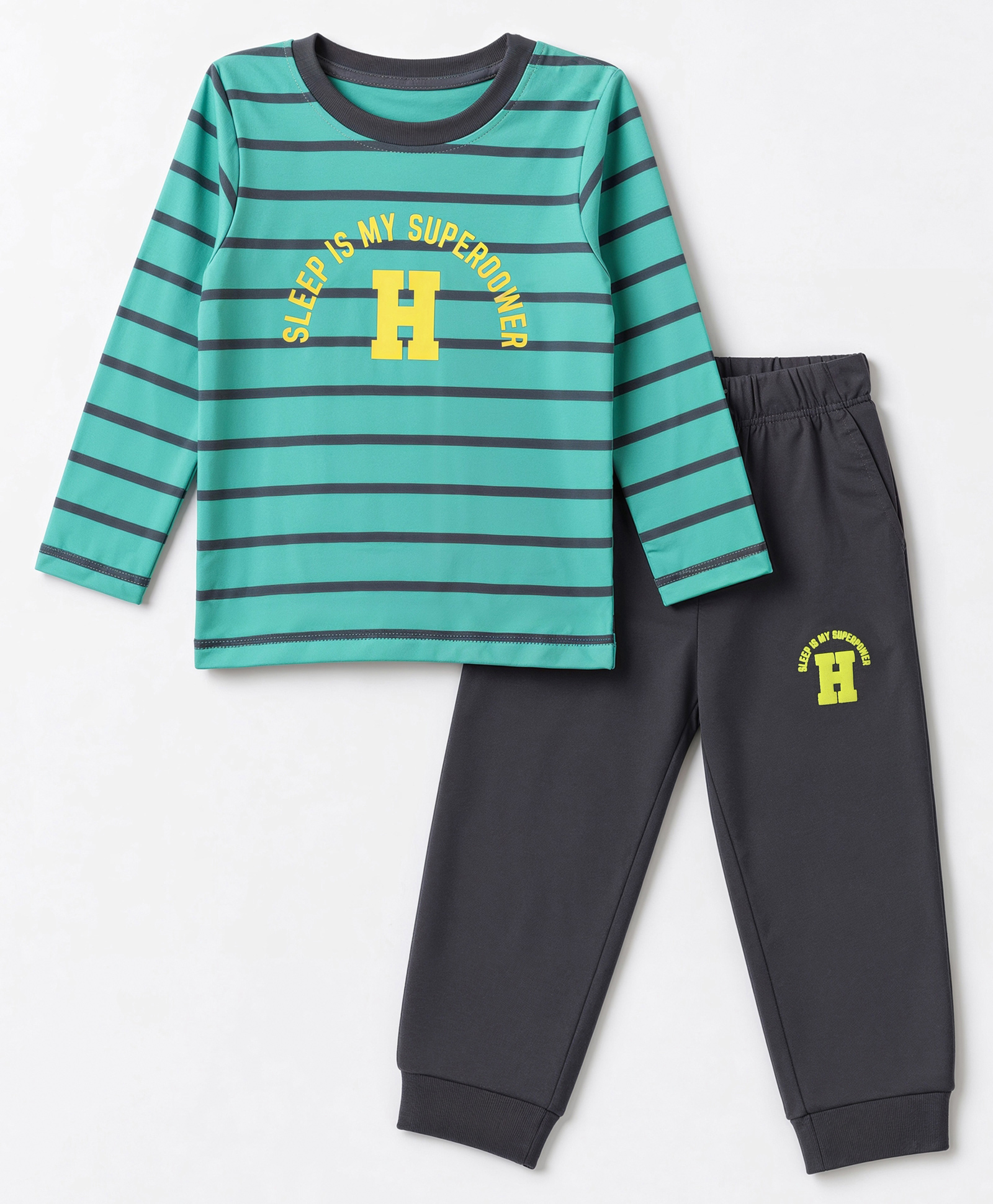 Honeyhap Premium 100% Cotton Knit Full Sleeves Striped T-Shirt & Pyjama Night Suit Set With Text Print & Bio Finish - Green-image-21
