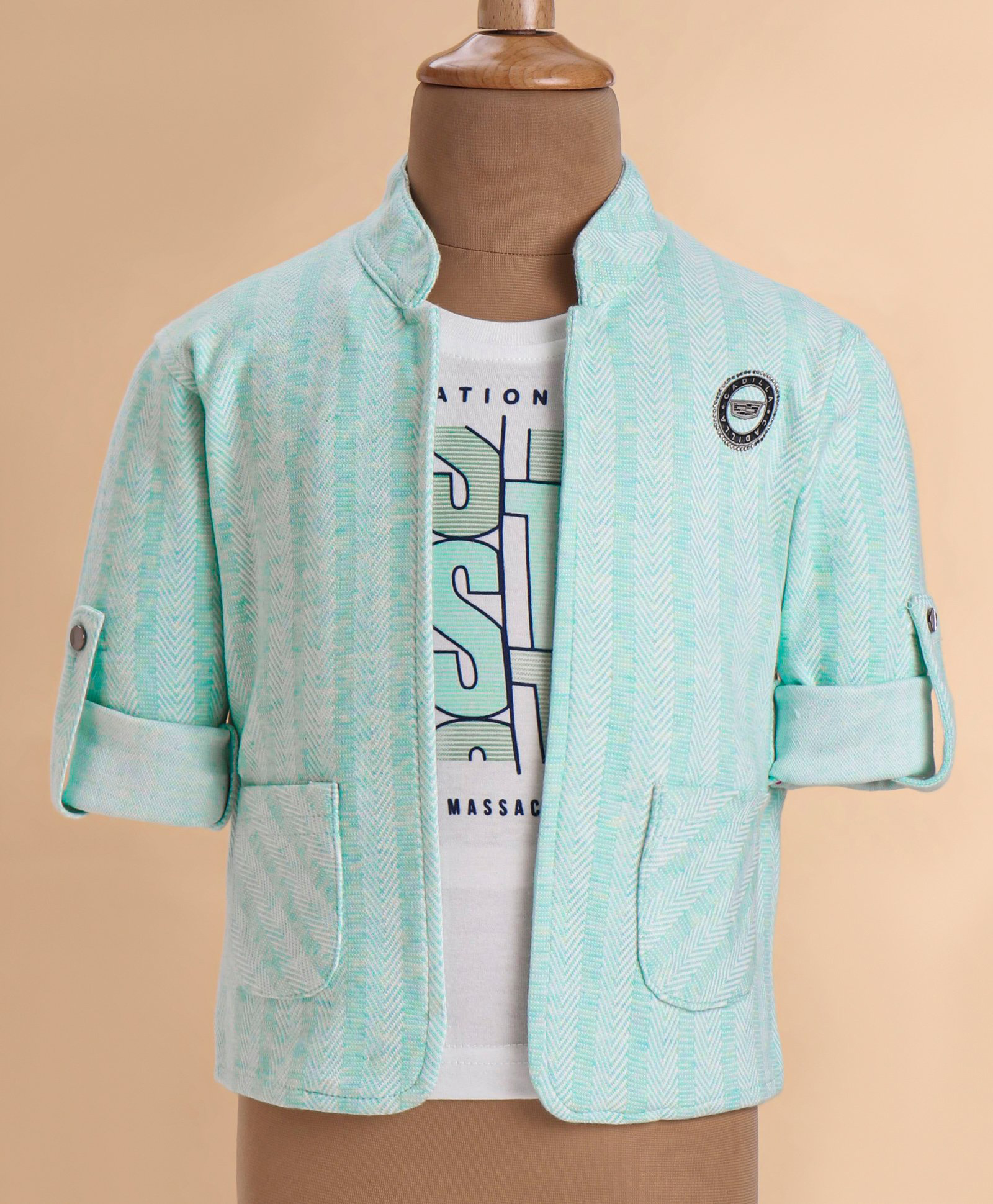 Dapper Dudes Full Sleeves Woven Self Designed Jacket With T-Shirt - Sea Green-image-5