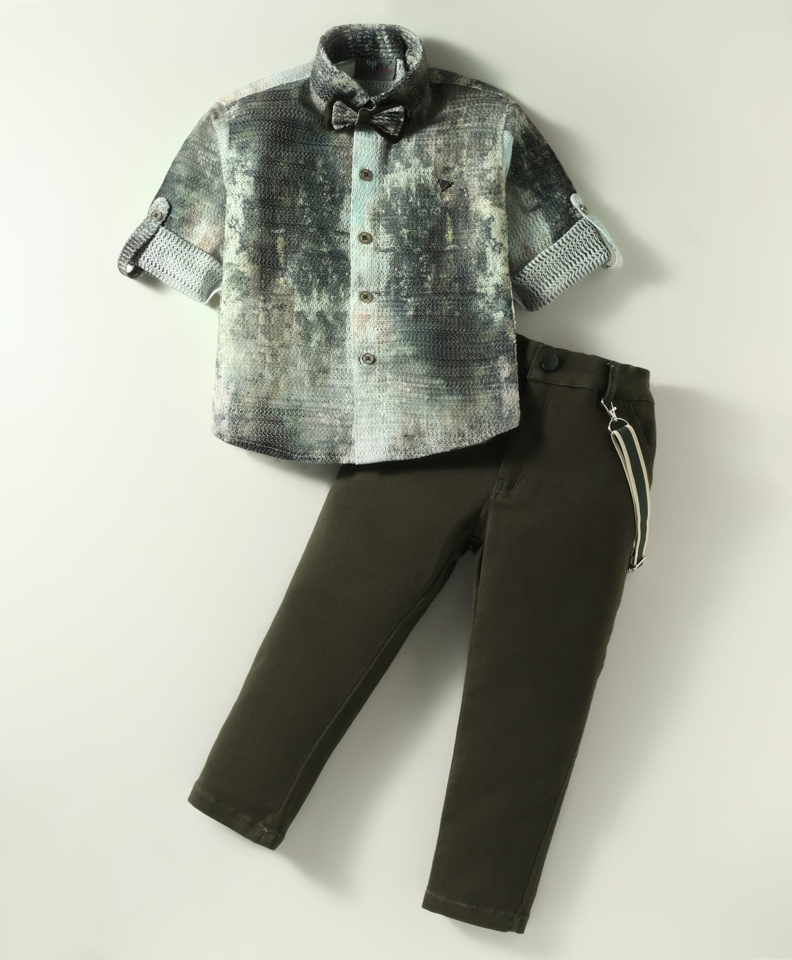 Dapper Dudes Woven Full Sleeves Printed Shirt & Trouser Set with Bow & Suspender - Green-picture-26
