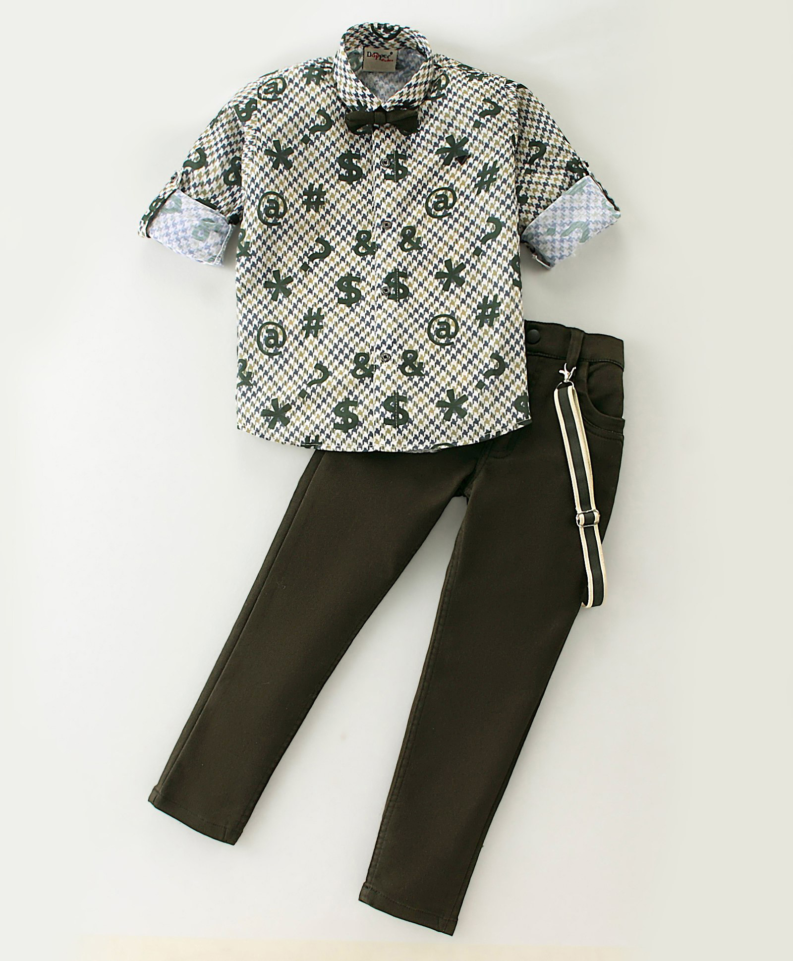 Dapper Dudes Woven Full Sleeves Checked & Printed Shirt & Pant Set With Bow & Suspender - Olive Green-image-30