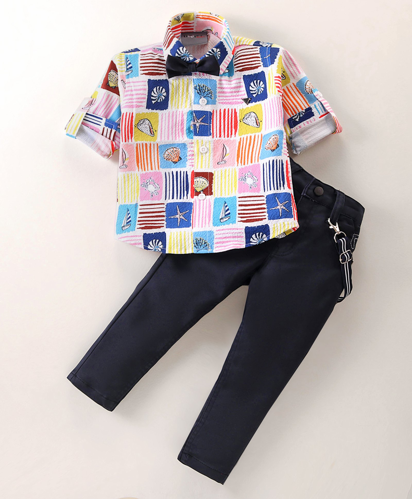Dapper Dudes Woven Full Sleeves Sea Life Printed Shirt & Pant Set With Suspender & Bow - Navy Blue & Multicolor-picture-27