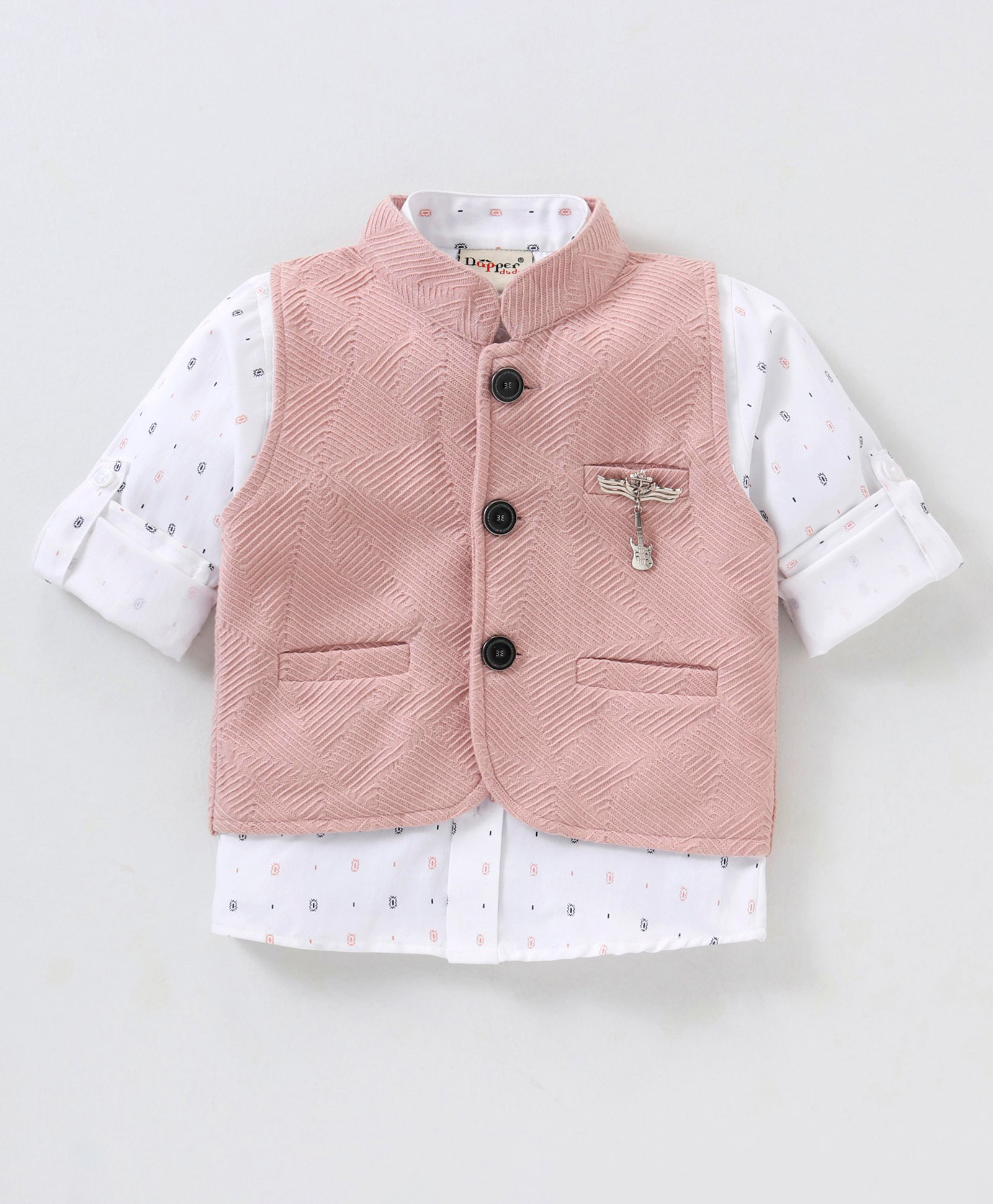 Dapper Dudes Woven Solid Colour Self Designed Nehru Jacket with Full Sleeves Printed Shirt & Metal Applique- Peach-picture-26