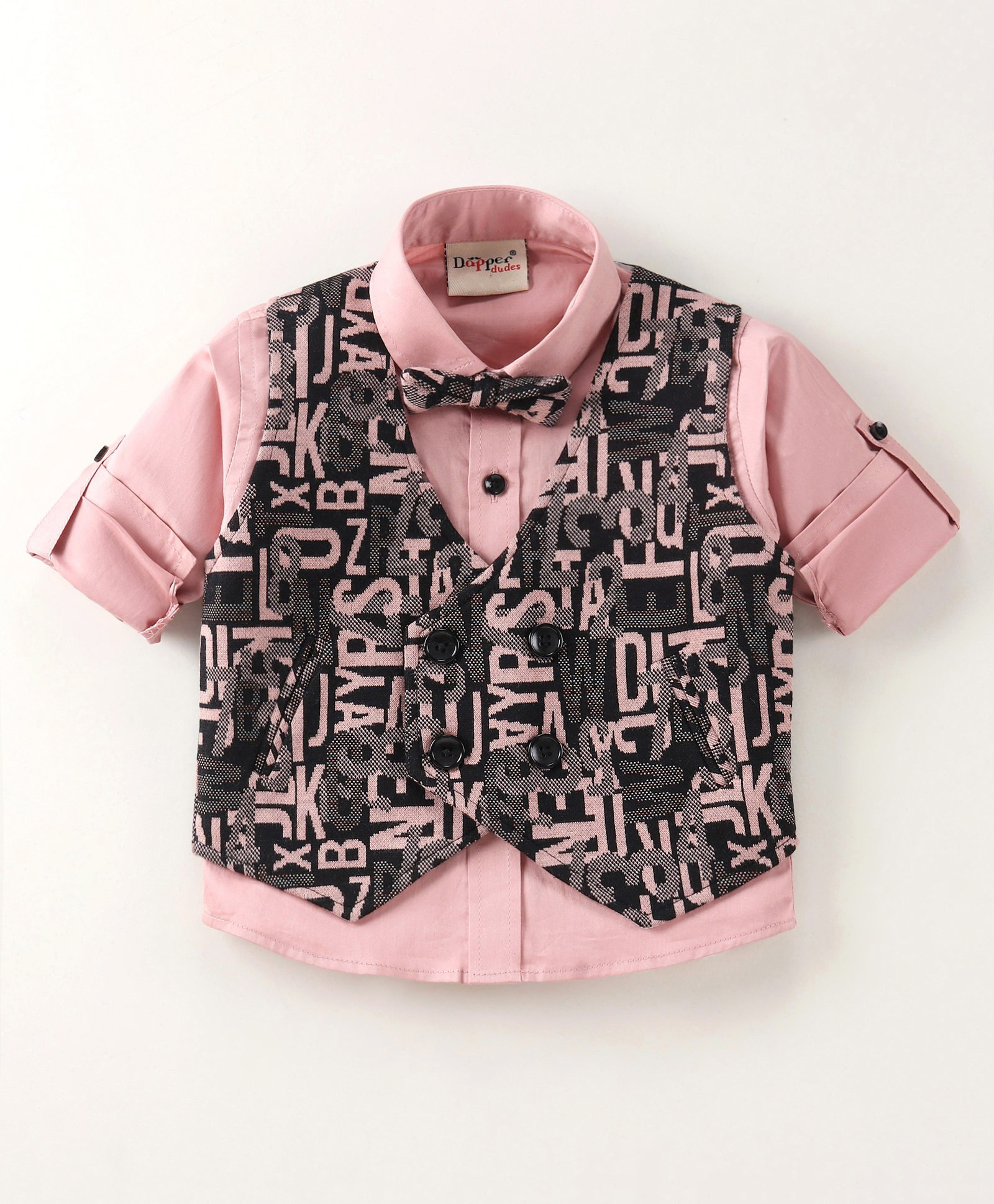 Dapper Dudes Woven Full Sleeves Solid Shirt with Printed Waistcoat & Bow- Peach-picture-11