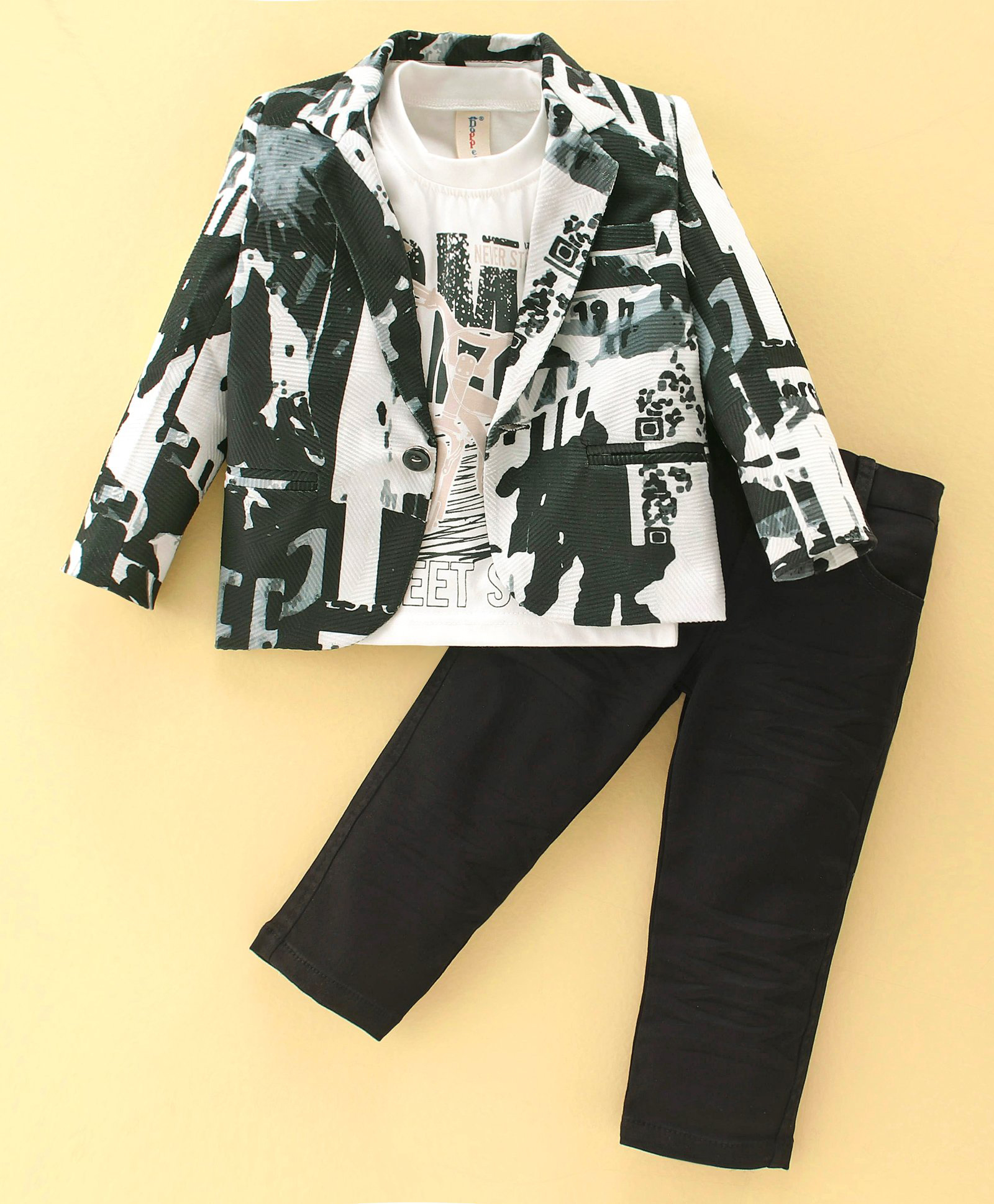 Dapper Dudes Woven Printed Blazer With Text Printed T-Shirt & Pant Set - Green-picture-13