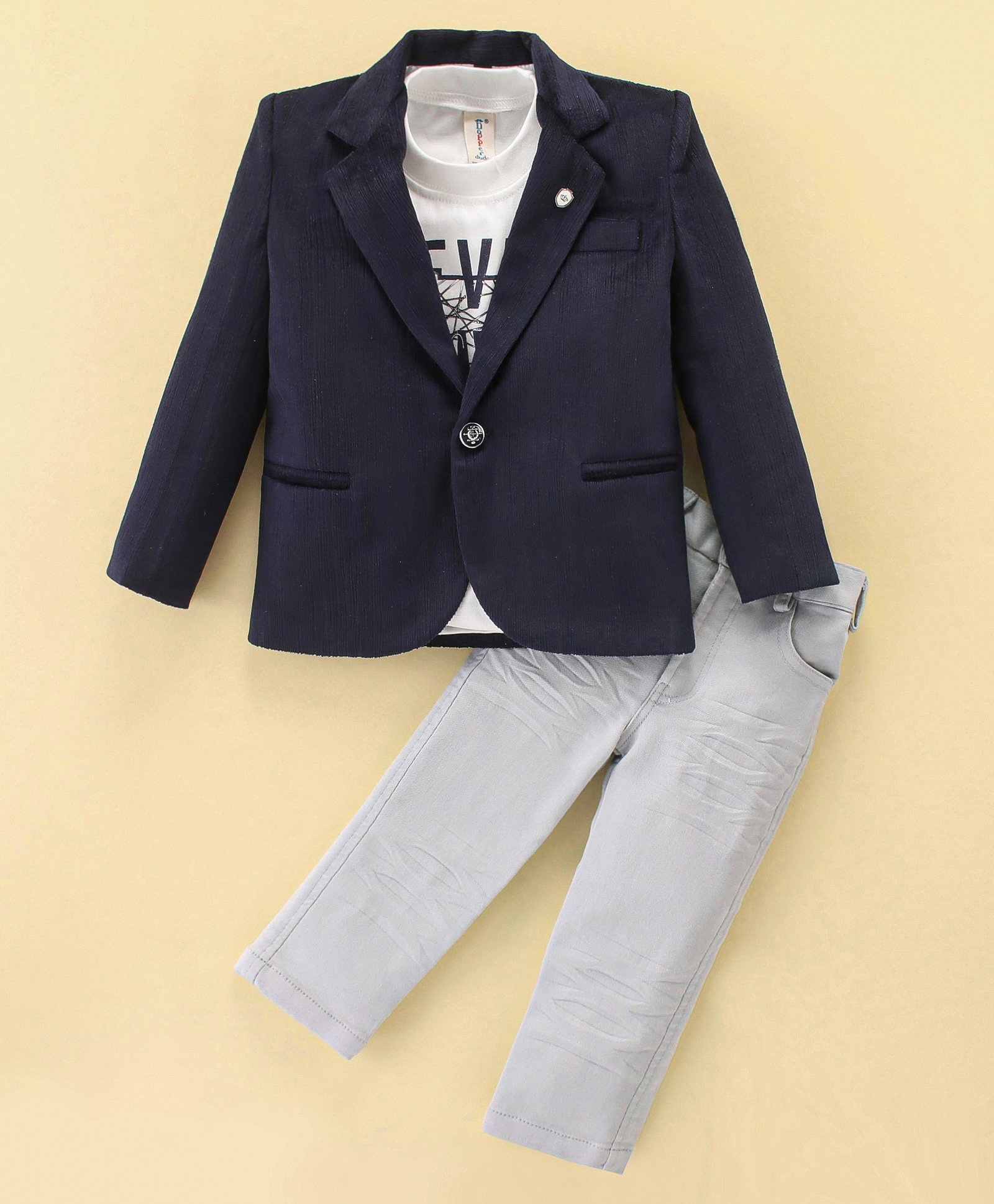 Dapper Dudes Knit Full Sleeves Solid Colour Blazer With T-Shirt & Trouser Set - Navy-picture-15