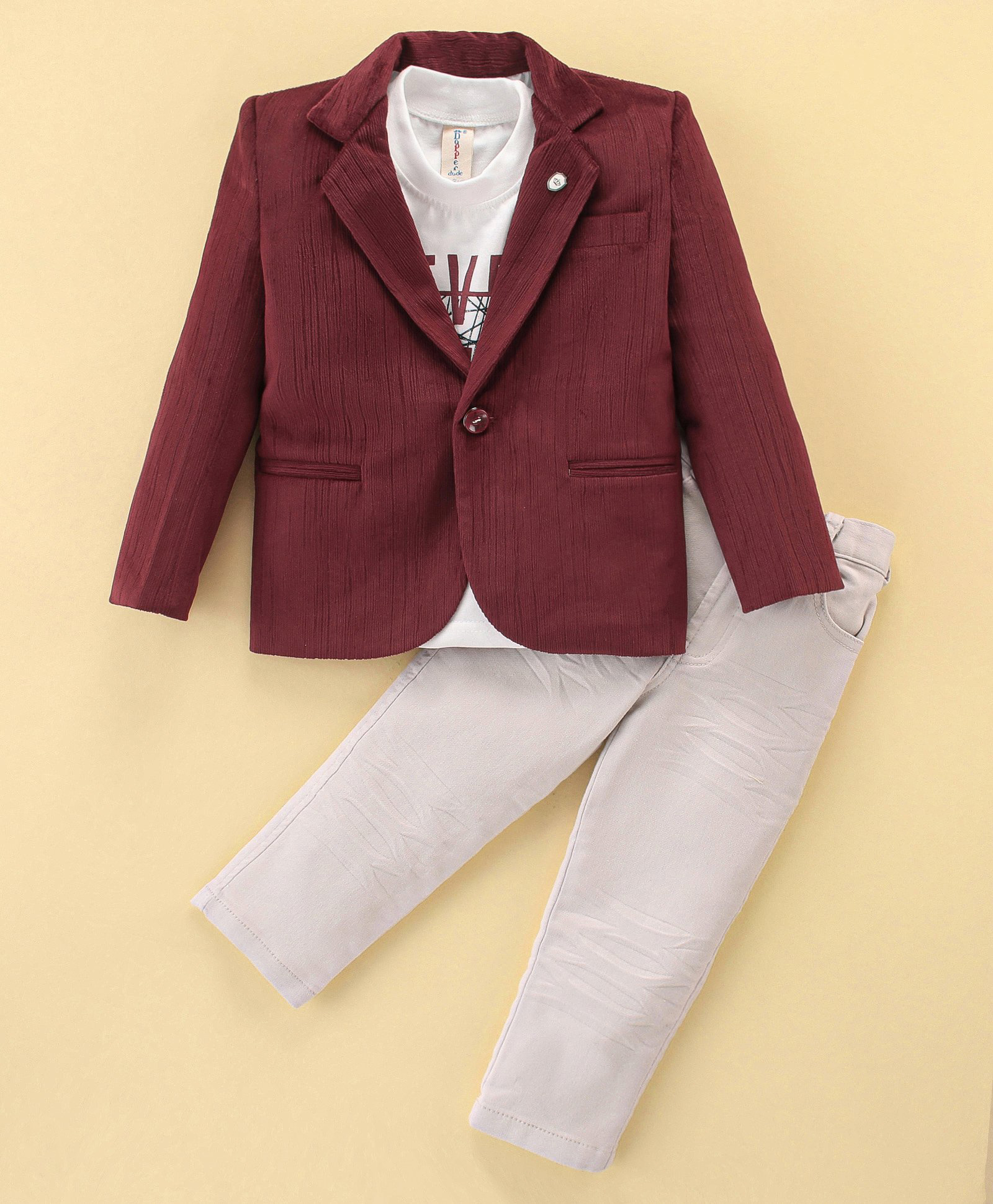 Dapper Dudes Knit Full Sleeves Solid Colour Blazer With T-Shirt & Trouser Set - Maroon-picture-16