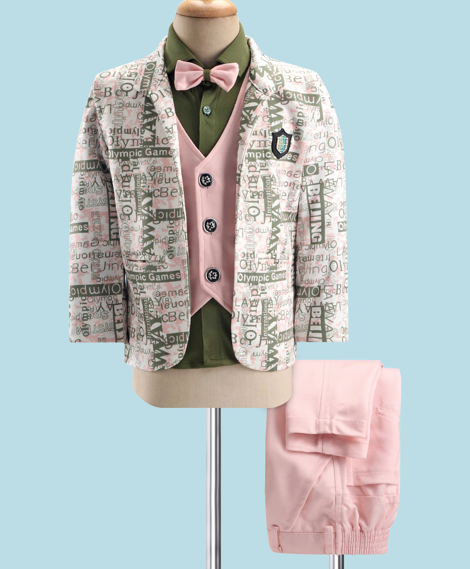 Dapper Dudes Woven Full Sleeves Text Printed Four Piece Party Suit With Bow - Peach-picture-38