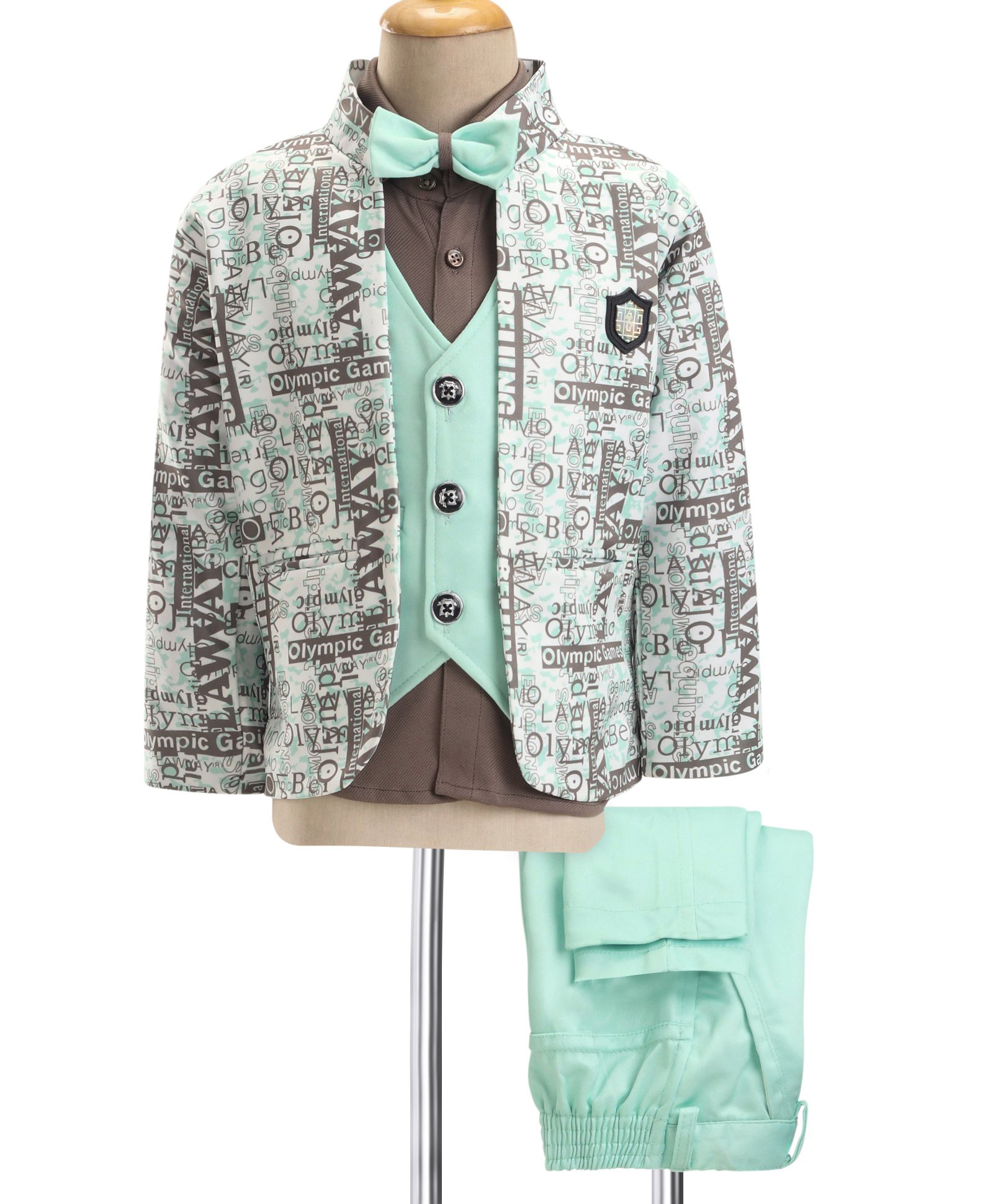 Dapper Dudes Woven Full Sleeves Text Printed Four Piece Party Suit With Bow - Sea Green-image-20