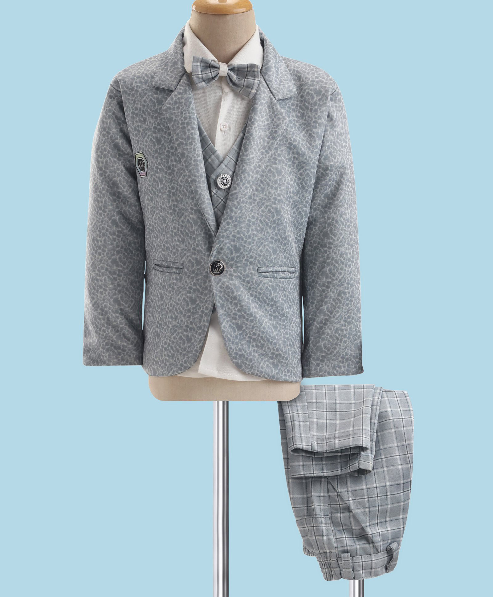 Dapper Dudes Woven Printed & Checked Four Piece Party Suit With Bow - Grey-image-34