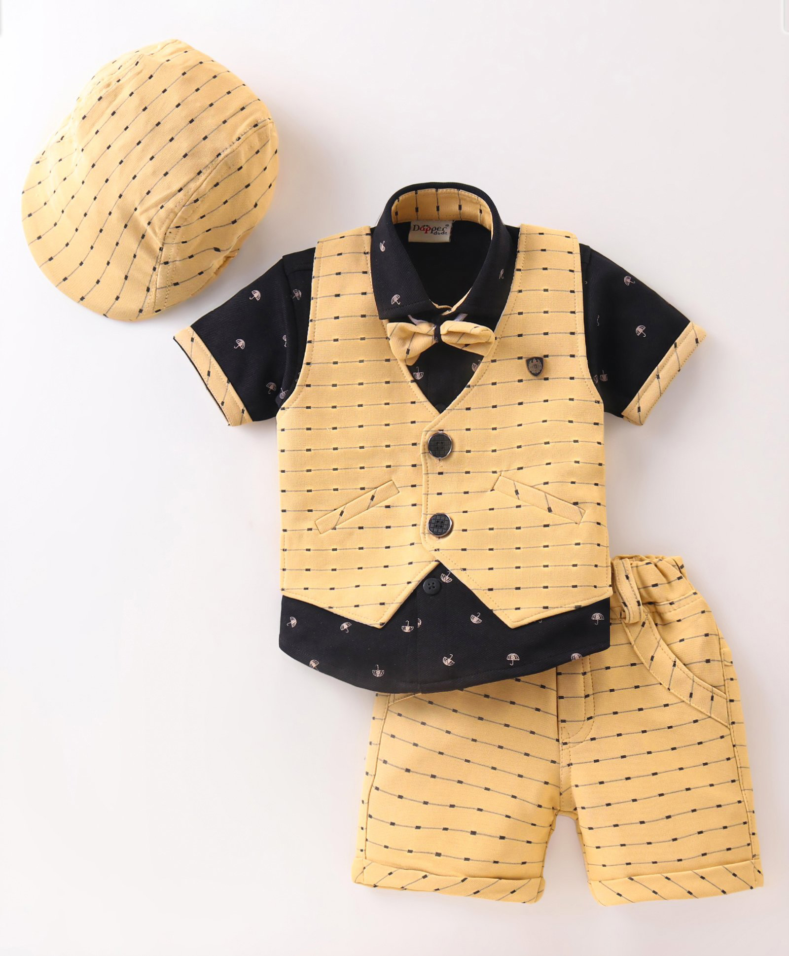 Dapper Dudes Woven Half Sleeves Striped Three Piece Party Suit With Bow & Cap - Yellow-picture-27