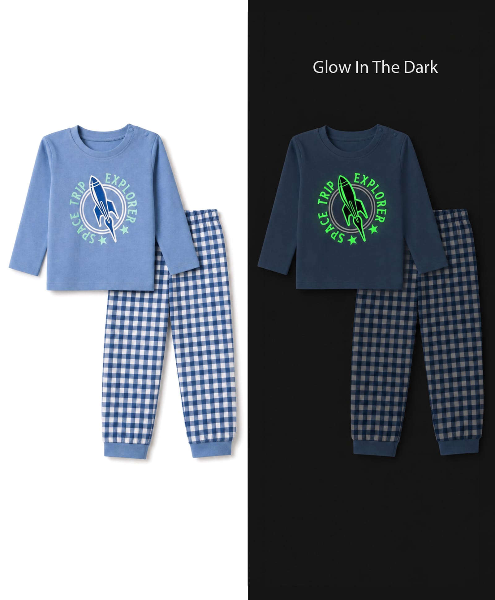 Honeyhap Premium 100% Cotton Knit Full Sleeves T-Shirt & Pyjama Night Suit with Bio Finish & Space Theme Print - Blue-image-37