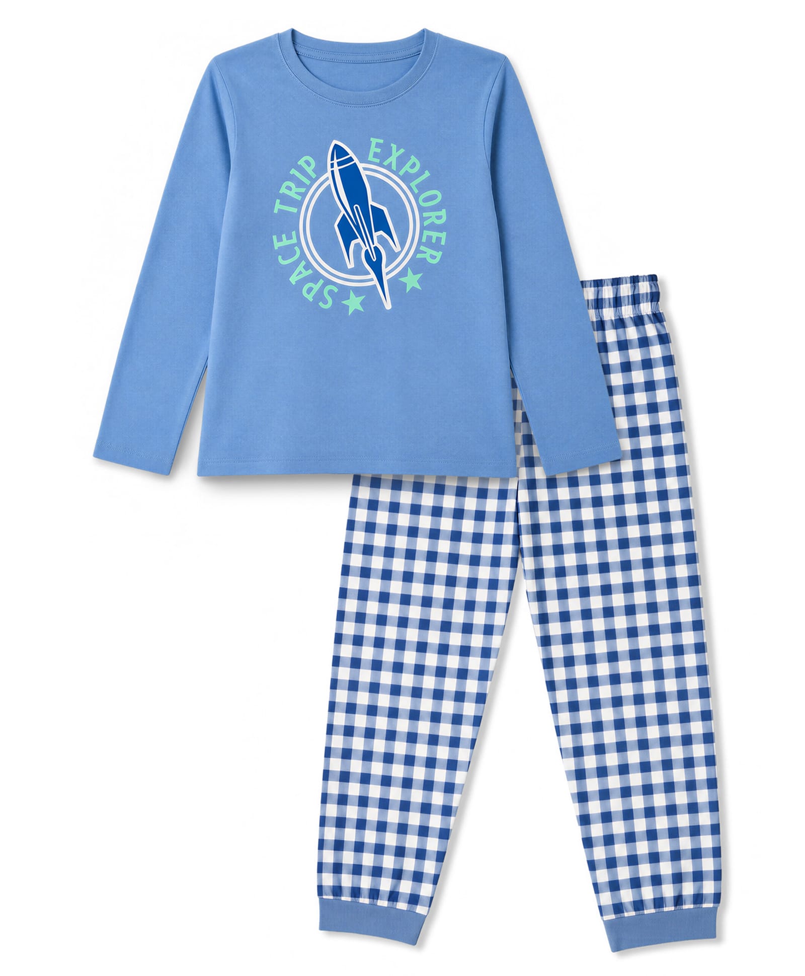 Honeyhap Premium 100% Cotton Knit Full Sleeves T-Shirt & Checked Jogger Night Suit with Bio Finish & Space Theme Print - Blue-image-13