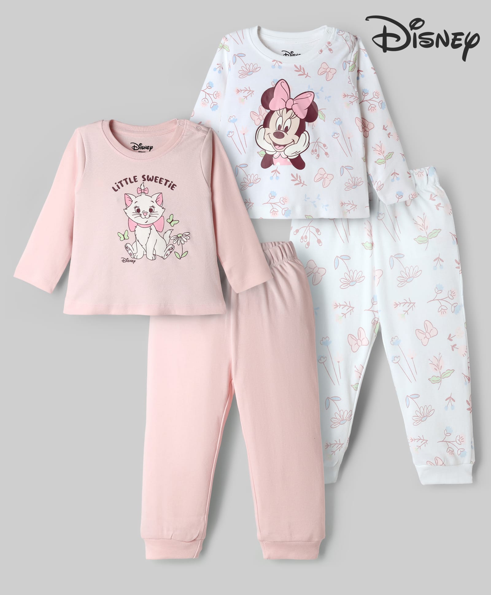 Babyhug Disney Single Jersey Knit Full Sleeves T-Shirt & Pyjama Night Suit with Minnie Mouse & Marie Print Pack of 2 - Pink & White-image-16