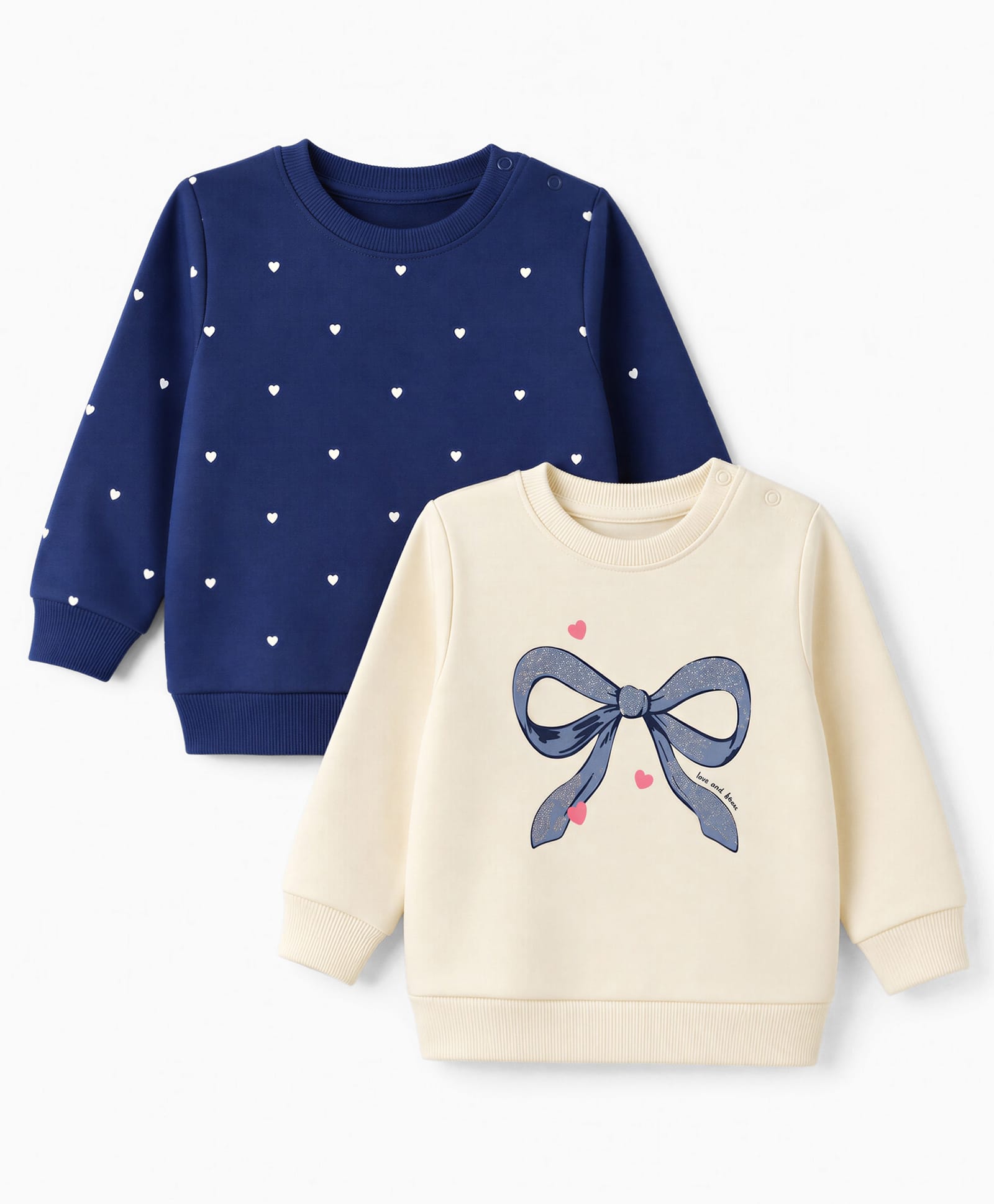 Babyhug Terry Knit Full Sleeves Sweatshirts with Hearts and Bow Print Pack of 2 - Navy & White-image-4