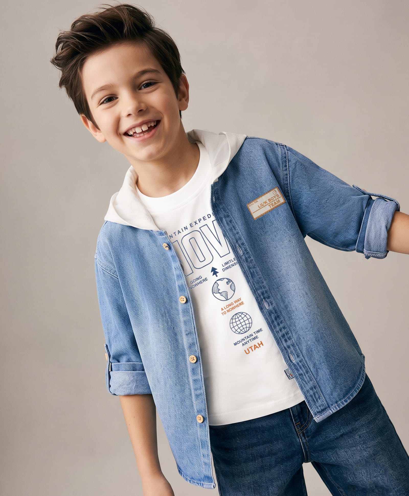 Little Kangaroos Denim Woven Twofer Shirt with Text Print - Light Blue-image-21