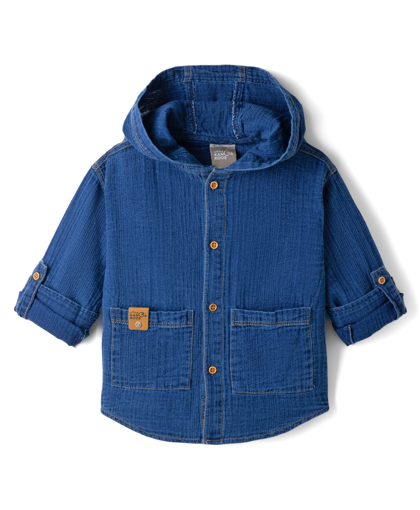 Little Kangaroos Denim Woven Full Sleeves Hooded Shirt Solid - Light Blue-image-4