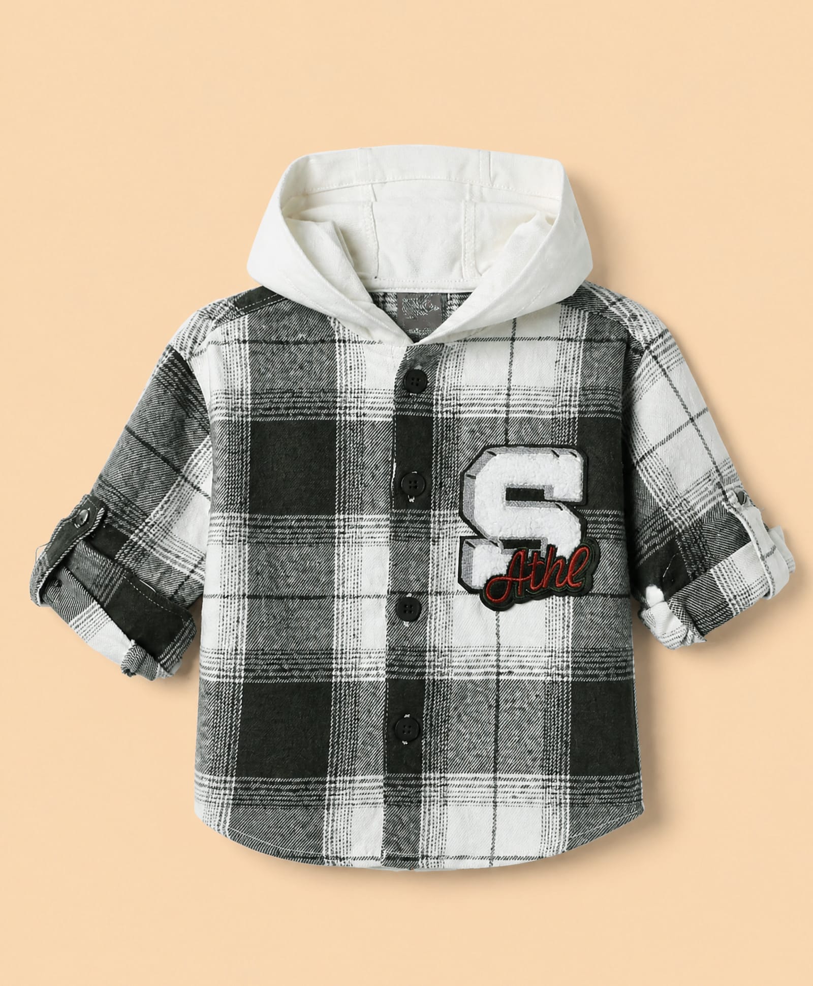 Little Kangaroos Cotton Woven Hooded Checks Shirt with Full Sleeves and S Patch in Dark Green-picture-0
