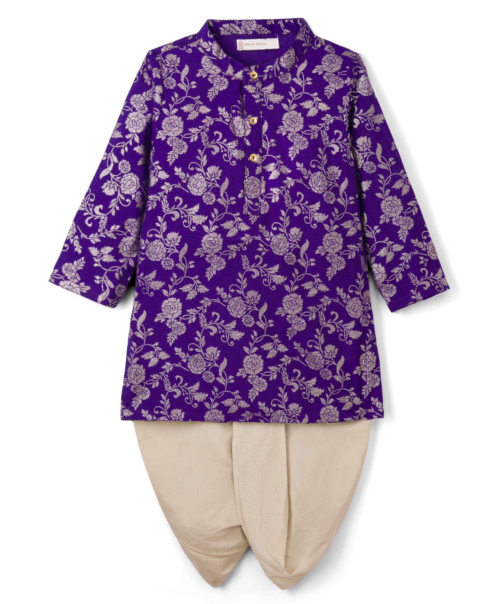 EARTHY TOUCH Woven Full Sleeves Foil Floral Printed Kurta Dhoti Set - Purple-picture-18